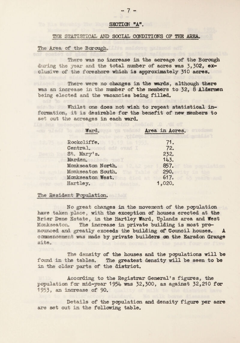 SECTION ttAtt. THE STATISTICAL AND SOCIAL CONDITIONS OP THE ABBA. The Area of the Borough* There was no increase in the acreage of the Borough during the year and the total number of acres was 35302* ex¬ clusive of the foreshore which is approximately 3*10 acres. There were no changes in the wards9 although there was an increase in the number of the members to 32* 8 Aldermen being elected and the vacancies being, filled* Whilst one does not wish to repeat statistical in¬ format ion* it is desirable for the benefit of new members to set out the acreages in each ward* Ward* Area in Acres* Rockeliffe. 71. Central* 72. StG Mary'0 s. 232. Marden. 143. Monkseaton North. 857. Monkseaton South. 290. Monkseaton West. 617. Hartley. 1,020. The Resident Population. -i—n«n—i i ~n i--r—nrn—|-1—n mi i—i it— ■ <r~nr -rBi—nii-Hamnniimniriiiii r>«■ -man inn No great changes in the movement of the population have taken place9 with the exception of houses erected at the Brier Bene Estate, in the Hartley Ward, Uplands area and West Monk seat on. The increase in private building is most pro¬ nounced and greatly exceeds the building of Council houses* A eosmnencement was made by private builder® <ssi the Earsdon Grange srte o The density of the houses and the populations will be found in the tables* The greatest density will be seen to be in the older parts of the district* According to the Registrar General8 s figures, the population for mid-year 1954 was 32*300, as &g&inst 32*210 for 1953 * an increase of 90. Details of the population and density figure per acre are set out in the following table.