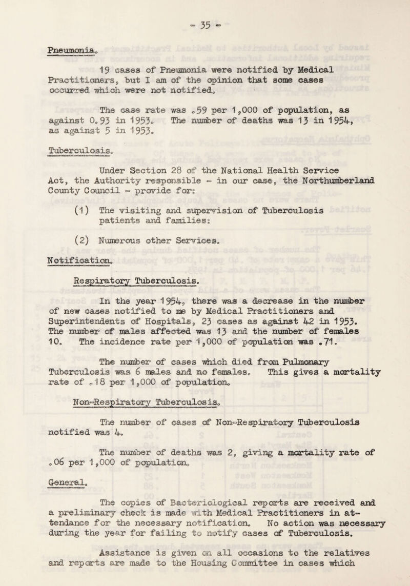 Pneumonia. 19 oases of Pneumonia were notified by Medical Practitioners, but I am of the opinion that some cases occurred which were not notified,, The case rate was 099 per 1*000 of population, as against 0. 93 in 1953® The number of deaths was 13 in 1 954, as against 5 in 1953® Tuberculosis,, Under Section 28 of the National Health Service Act 9 the Authority responsible - in our case , the Northumberland County Council - provide fars (1) The visiting and supervision of Tuberculosis patients and familiess (2) Numerous other Services* Notification* Respiratory Tuberculosis. m—aKo— om w<3—tp—d—ga—bo—o—cm wobma In the year 1954<, there was a decrease in the number of new cases notified to me by Medical Practitioners and Superintendents of Hospitals * 23 eases as against 42 in 1953® The number of males affected was 13 and the number of females 10. The incidence rate per 1*000 of population was *71- The number of cases which died from Pulmonary Tuberculosis was 6 males and no females* This gives a mortality rate of r18 per 1*000 of population*, Non-Respiratory Tuberculosis. The number of cases of N on-Re sp irat ory Tuberculosis notified was 4® The number of deaths was 2$ giving a mortality rate of o06 par 19 000 of population*, General. The copies of Bacteriological reports are received and a preliminary check is made with Medical Practitioners in at¬ tendance for the necessary notification. No action was necessary during the year for failing to notify cases of Tuberculosis. Assistance is given on all occasions to the relatives and reports are made to the Housing Committee in cases which