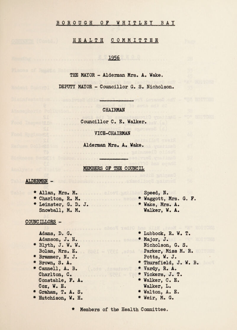 BOROUGH OP WHITLEY BAY HEALTH COMMITTEE mmtmmtSmeamaa»mmCmm3m(3ttBesmtSmtitsmtaamamcmmCMae3aeDtat\ 1256 THE MAYOR - Alderman Mrs* A. Wake0 DEPUTY MAYOR - Councillor G. S. Nicholson. CHAIRMAN Councillor C. E. Walker. VICE-CHAIRMAN Alderman Mrs. A. Wake. MEMBERS OP THE COUNCIL ALDERMEN * Allan, Mrs. M. Speed, N. * Charlton, R. M. * Waggott, Mrs. G„ F. * Leinster, G. D. J. * Wake, Mrs. A. Snowball, M. M* Walker, W. A. COUNCILLORS - Adams, D, G. * Lubbock, R. W. T. Adamson, J. N. * Major, J. * Blyth, J. W. W. Nicholson, G. S. Bolam, Mrs. E. Parker, Miss M. R. * Brammer, N. J. Potts, W. J. * Brown, S. A. * Thursfield, J. W. B. * Cannell, A. B. # Vardy, R. A. Charlton, C. # Vickers, J. T. Constable, P. A. # Walker, C. E. Cox, W. E. Walker, L0 * Graham, T. A. S. # Walton, A. E. * Hutchison, W. H. * Weir, M. G. * Members of the Health Committee*