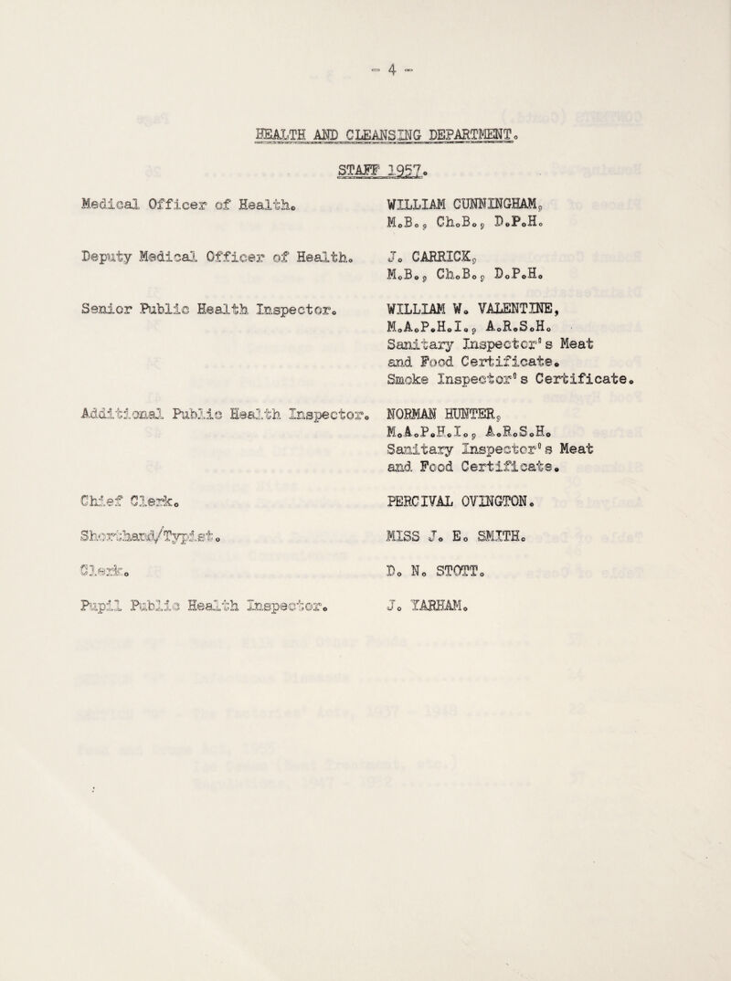 HEALTH AMD CLEANSING DEPARTMENT® STAFF' 1957» Medical, Officer of Health® Deputy Medical Officer of Health® Senior Public Health Inspector® Additional Public Health Inspector® Chief Clerko Shorthari^/Typist © Clerko Pupil Public Health Inspector® WILLIAM CUNNINGHAM p M®BoP ChoB®p DoPoHo Jo GARRICK 9 MoB® 9 CkoB® p DoPoHo WILLIAM W® VALENTINE, MoAoP®H®Iop AoR®S®Ho Sanitary Inspectors Meat and Food Certificate® Smoke Inspector0s Certificate® NORMAN HUNTER, M. o A o P o H ® X o p A o R o S o H o Sanitary Inspector0s Meat and Food Certificate® PERCXVAL OVXNGTON® MISS J® E® SMITH® Do N® STOTTo TARHAMo