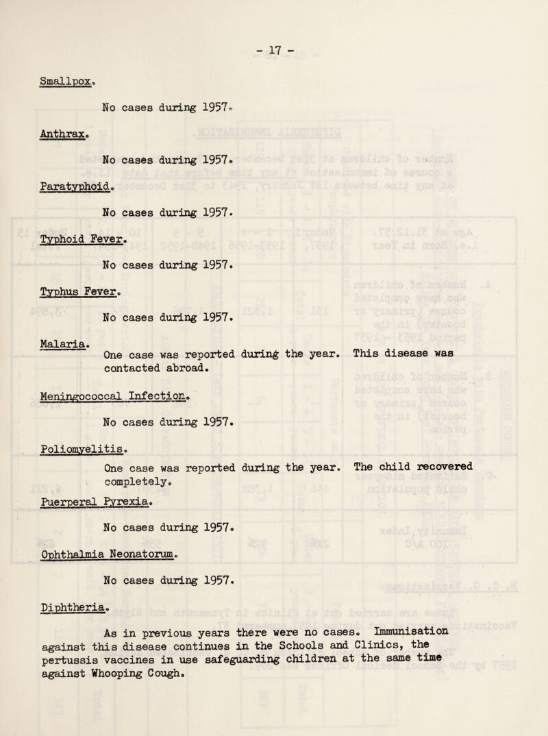 Smallpox. No cases during 1957* Anthraxc OMMBMHBHMM No cases during 1957® Paratyphoid. No cases during 1957. Typhoid Fever* No cases during 1957® Typhus Fever. No cases during 1957. Malaria* One case was reported during the year* This disease was contacted abroad. Meningococcal Infection. No cases during 1957® Poliomyelitis. One case was reported during the year. The child recovered completely. Puerperal Pyrexia. No cases during 1957. i Ophthalmia Neonatorum. No cases during 1957. Diphtheria. As in previous years there were no cases. Immunisation against this disease continues in the Schools and Clinics, the pertussis vaccines in use safeguarding children at the same time against Whooping Cough.