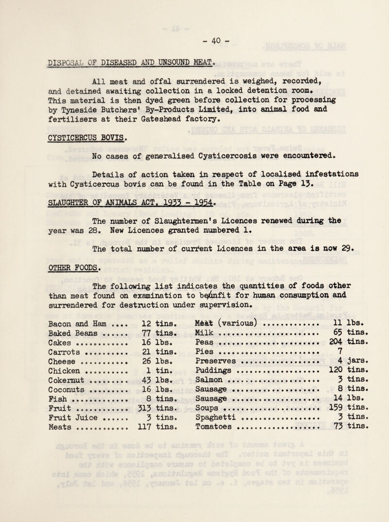 DISPOSAL OF DISEASED AND UNSOUND MEAT, umMmku<r-A»n■ i~—h»iihI*—ilh— warn n11 i■ umiiaMn aawc———■Kanin— iin imiim All meat and offal surrendered is weighed, recorded, and detained awaiting collection in a locked detention room. This material is then dyed green before collection for processing by Tyneside Butchers® By-Products Limited, into animal food and fertilisers at their Gateshead factory* CYSTICBRCUS BOVIS* •aOMOMOMHMMSMWlBMOHEBBBWBHBBBHOnSIMb No cases of generalised Cysticercosis were encountered* Details of action taken in respect of localised infestations with Cysticercus bovis can be found in the Table on Page 13* SLAUGHTER OF ANIMALS ACT* 1933 - 1954* The number of Slaughtermen*s Licences renewed during the year was 28* New Licences granted numbered 1* The total number of current Licences in the area is now 29• OTHER POODS* The following list indicates the quantities of foods other than meat found on examination to bqi&nfit for human consumption and surrendered for destruction under supervision. Bacon and Ham .* *. 12 tins* M&kt (various) 77 tins. 16 lbs. Milk.. -. Cakes *»»*©*oo«*o* Peas.. f! ft r*r*n“h » ___ __ 21 tins* 26 lbs* Pies .. ..* 7 Cheese «>««•«»••»«• Preserves *. *...*. Chicken *««»«)«••» 1 tin* Puddings.*.... Cokemut **»*•*••« 43 lbs* Salmon.. 0oconuts ««•«««»»• 16 lbs* Sausage .. FlSh *000*000.90.9 F-n ] i *h „__ 8 tins* 313 tins. 3 tins* Sausage . SOUDS ..•••• Fruit Juice . Spaghetti ***..« *... Meats «»«»oooeo 0 09 117 tins* Tomatoes *... *...... 73 tins