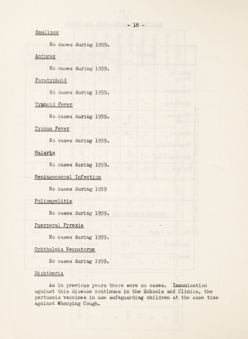 Smallpox No cases during 1959* Anthrax No cases during 1959* Paratyphoid No cases during 1959• Typhoid Fever No cases during 1959* Typhus Fever No cases during 1959* Malaria No cases during 1959. Meningococcal Infection No cases during 1959 Poliomyelitis No cases during 1959. Puerperal Pyrexia No cases during 1959* Ophthalmia Neonatorum No cases during 1959. Diphtheria As in previous years there were no cases. Immunisation against this disease continues in the Schools and Clinics, the pertussis vaccines in use safeguarding children at the same time against Whooping Cough.