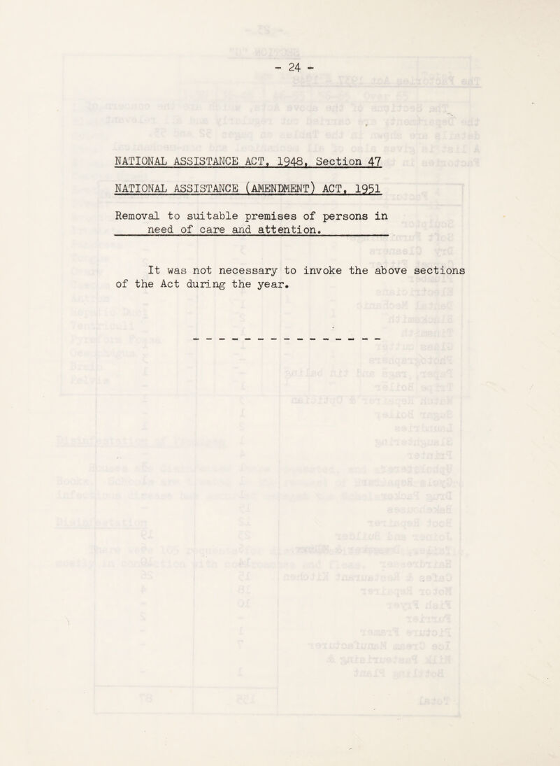 NATIONAL ASSISTANCE ACT. 1948. Section 47 NATIONAL ASSISTANCE (AMENDMENT) ACT. 1951 Removal to suitable premises of persons in need of care and attention* It was not necessary to invoke the above sections of the Act during the year*