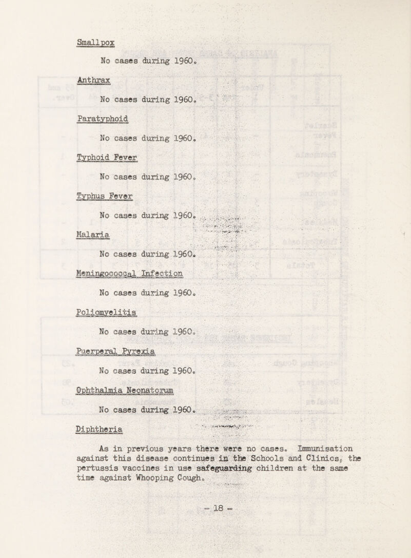 Smallpox No cases during I960, Anthrax No cases during I960, Paratyphoid No cases during I960, Typhoid Fever No cases during I960, Typhus Fever v vvo.s-.. .Vv*'.' No cases during 1960<> , Malaria •• ;y> ■*''' ' S * * . -. . ... -■ - • V ; No cases during I960. Meningococcal Infection No cases during I960, Poliomyelitis No cases during I960, ■ - , • •• '* '• ■»;•••••■ V* -•• : *• ’ ' 5 Puerperal Pyrexia No cases during I960, Ophthalmia Neonatorum • ■■.•. •. No cases during I960, Diphtheria • o-. : < V. • :1 -i V ’ \r' • iV'J-'v.l ; >>> V< ’ • • V ■ V < Aa in previous years there were no eases* Immunisation against this disease continues inthe Schools and Clinics^, the pertussis vaccines in use safeguarding children at the same time against Whooping Gough0.