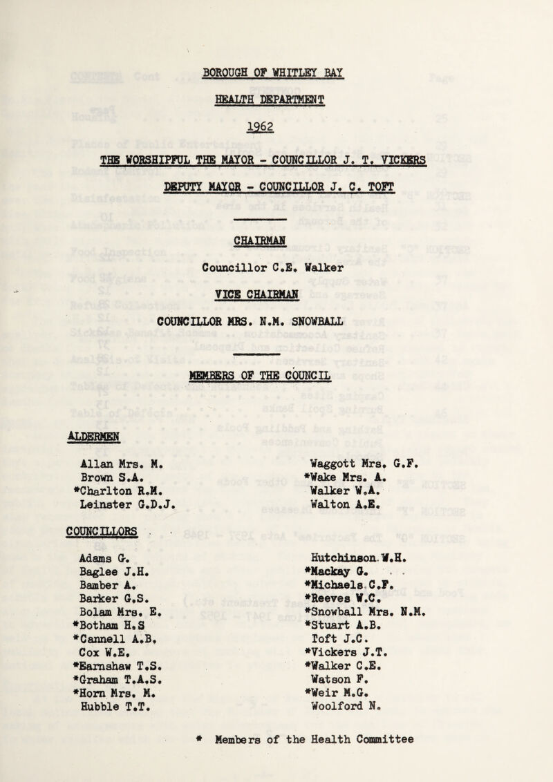 BOROUGH OF WHITLEY BAY HEALTH DEPARTMENT 12§2 THE WORSHIPFUL THE MAYOR - COUNCILLOR J. T. VICKERS DEPUTY MAYOR - COUNCILLOR J. C. TOFT CHAIRMAN Councillor C#E# Walker VICE CHAIRMAN COUNCILLOR MRS. N.M. SNOWBALL MEMBERS OF THE COUNCIL ALDERMEN Allan Mrs. M. Brown S.A. Waggott Mrs# G.P ♦Charlton R.M. Leinster G#D#J ♦Wake Mrs# A. Walker W#A* Walton A#E« COUNCILLORS Adams G-. Baglee J.H# Bamber A# Barker G#S. Bolam Mrs# E ♦Botham H#S ♦Cannell A#B# Cox W#E# ♦Eamshaw T#S ♦Graham T.A.S ♦Horn Mrs# M# Hubble T.T# Hutchinson. W#H» ♦Mackay G# ♦Michaels C*P# ♦Reeves W.C# ♦Snowball Mrs# N.M ♦Stuart A#B# Toft J#C. ♦Vickers J.T. ♦Walker C#E. Watson F. ♦Weir M.G# Woolford N. ♦ Members of the Health Committee