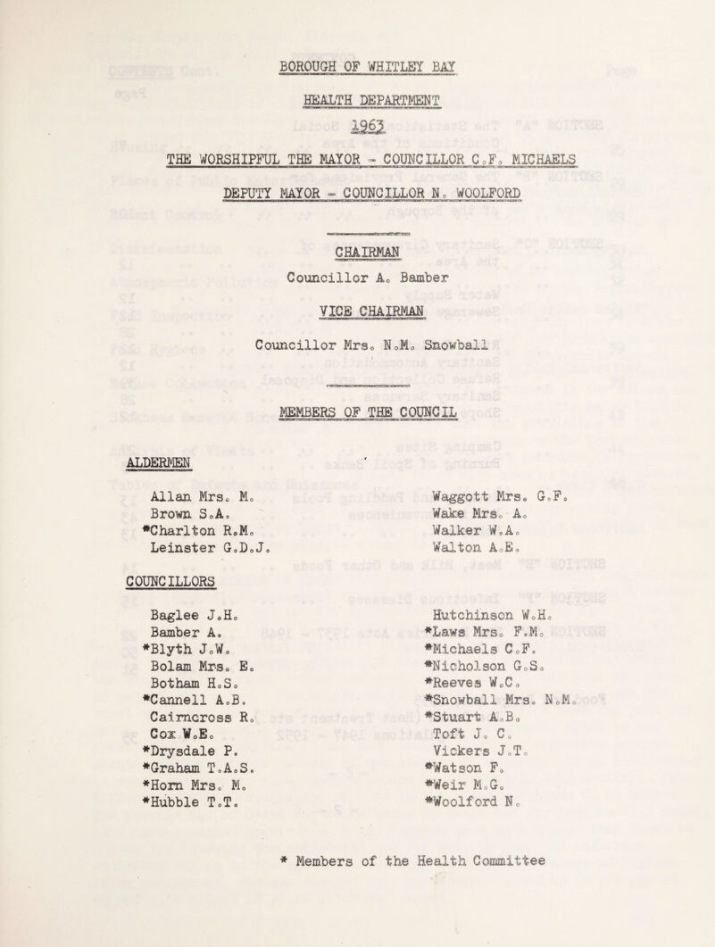 BOROUGH OF WHITLEY BAY HEALTH DEPARTMENT THE WORSHIPFUL THE MAYOR - COUNCILLOR CoFo MICHAELS DEPUTY MAYOR - COUNCILLOR No WOOLFORD CHAIRMAN Councillor A0 Bamber VICE CHAIRMAN Councillor Mrso NoMo Snowball MEMBERS OF THE COUNCIL ALDERMEN «—an——-ijm.i n.m sm Allan Mrs* M0 Brown SoA, ♦Charlton R®Mo Leinster G0D0J COUNCILLORS ——HgB—Wgl'W ■IMHIMf *Wlg»JTI WMilM Baglee J®H0 Bamber A0 ♦Blyth J0Wo Bolam Mrso Eo Botham HoSo ♦Cannell AoB„ Cal mere ss Ro Cox WoEo ♦Drysdale P, ♦Graham T»AoS. ♦Horn Mrso Mo ♦Hubble ToTo Waggott Mrso GoF0 Wake Mrso A0 Walker W0Ao Walton AoEo Hutchinson W0H0 ♦Laws Mrso F»M0 ♦Michaels G0Fa ♦Nicholson GoSo ♦Reeves W0Co ♦Snowball Mrs0 N0M ♦Stuart AoBo Toft Jo Go Vickers JoT® ♦Watson Fo ♦Weir MoGo ♦Woolford No ♦ Members of the Health Committee