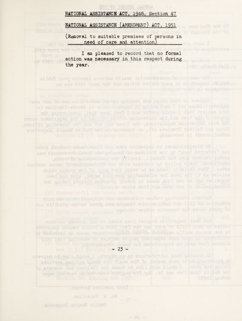 NATIONAL ASSISTANCE ACT. 1948, Section 47 NATIONAL ASSISTANCE (AMENDMENT) ACT, 1951 (Removal to suitable premises of persons in need of care and attention) I am pleased to record that no formal action was necessary in this respect during the year.