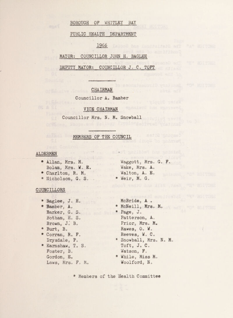 BOROUGH OF WHITLEY BAY PUBLIC HEALTH DEPARTMENT 1966 MAYOR; COUNCILLOR JOHN Ho BAGLEB DEPUTY MAYOR? COUNCILLOR Jo Co TOFT CHAIRMAN Councillor Ao Bamber VICE CHAIRMAN Councillor Mrs0 No M* Snowball MEMBERS OF THE COUNCIL ALDERMEN * Allan* Mrso Mo Boiam* Mrso W0 E* * Charltom* Ro M0 * Nicholson*, Go So COUNCILLORS * Baglea* Jo Hc * Bamber*, Ac Barker, Go So Botham* Hc SD Brown9 Jo Bc * Burt* Bo * Corran9 R0 F* Dryshale* P0 * Eamshaw, T0 So Foster* Bc Gordon*, Be Laws, Mrso F0 Mo Waggott* Mrso Go Fo Wake* Mrso Ao Walton* Ao Eo * Weir, Mo G0 McBride9 A o * McNeill* Mrso Mc * Page* Jo Patterson* A0 Prior* Mrso M« Rawes, 0o W0 Reeves* WQ Co * Snowball* Mrs0 N0 Mo Toft, Jo Co Watson* Fc * While* Miss Mo Woolford* No * Members of the Health Committee