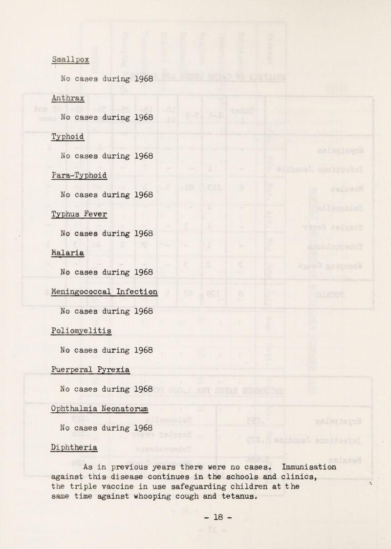 Smallpox No cases during 1968 Anthrax No cases during 1968 Typhoid No cases during 1968 Para-Typhoid No cases during 1968 Typhus Fever No cases during 1968 Malaria No cases during 1968 Meningococcal Infection No cases during 1968 Poliomyelitis No cases during 1968 Puerperal Pyrexia No cases during 1968 Ophthalmia Neonatorum No cases during 1968 Diphtheria As in previous years there were no caseso Immunisation against this disease continues in the schools and clinics, the triple vaccine in use safeguarding children at the same time against whooping cough and tetanus«