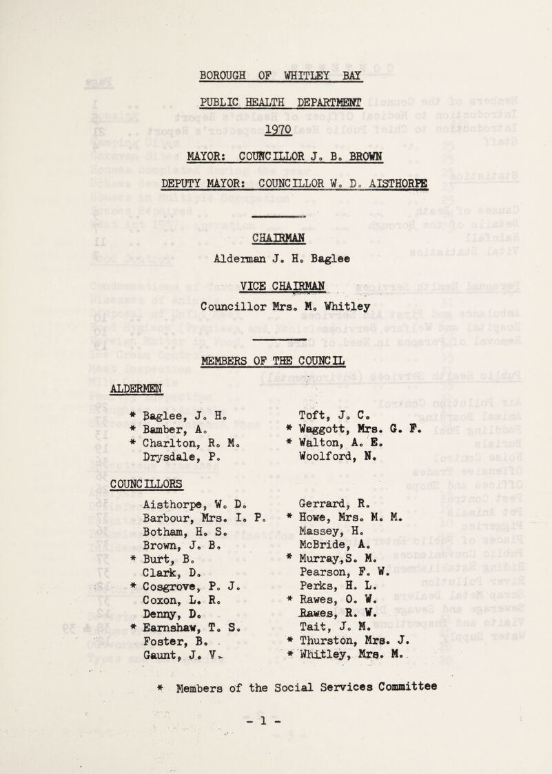 BOROUGH OF WHITLEY BAY PUBLIC HEALTH DEPARTMENT 1270 MAYOR: COUNCILLOR Jo B0 BROWN DEPUTY MAYOR: COUNCILLOR Wo Do AISTHORPE CHAIRMAN Alderman J* Ho Baglee VICE CHAIRMAN I* ■ ■ >■■■■ *■■■■»■ Itm »~ . - - Councillor Mrs* Mc Whitley MEMBERS OF THE COUNCIL ALDERMEN * Baglee, J0 H* * Bamber, Ac * Charlton, Ro Mo Drysdale, P* COUNCILLORS Aisthorpe, Wc D« Barbour, Mrs* I® Po Botham, Ho So Brown, Jo B« * Burtj Bo Clark, Do * Cosgrove, P* J* Coxon, L* Ro Denny, D« * Earnshaw, T* S« Foster, B* - Gaunt, Jo V^ Toft, Jo Co * Waggott, Mrs* G. F. * Walton, Ac Eo Woolford, No Gerrard, R. * Howe, Mrs® M* M. Massey, Ho McBride, A„ * Murray,So Mo Pearson, F* W. Perks, Ho L, * Rawes, 0* W. Rawes, R. W. Tait, Jo Mo * Thurston, Mrs* Jo * Whitley, Mrs. M, ♦ Members of the Social Services Committee