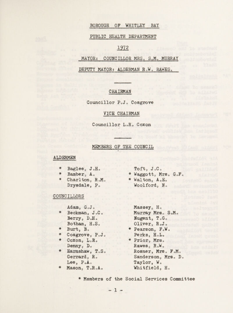 PUBLIC HEALTH DEPARTMENT caaaawBCL*moui«iwr'a'r~aMi ii«i iL,«xx»v:MJW^i*mMOTmm^iwrt^K,,>gja.jKTtCTcnc»w»ii|uiiav»iitf»JWWcnmw> mi MAYOR: COUNCILLOR MRS. SoM0 MURRAY DEPUTY MAYOR g ALDERMAN RoW0 RAWESo CHAIRMAN Councillor P0Jo Cosgrove VICE CHAIRMAN Councillor LoRo Goxon MEMBERS OF THE COUNCIL wisaarrewvx-actn' .i.«t .-a-witag JMeDagJfc',qfw. ^tuwxanrma: ngrrjmcwCT V ALDERMEN * BagXe@9 JoHo * Bamber9 A0 * Chari ton 9 RoM Drysdale 9 p0 COUNCILLORS * Adam9 GoJo Beckman9 J0G0 * Berryg D0Ho Botham9 HoSo Burt 9 B o * Cosgrove* PQJ * Coxon9 LoRo * Denny9 Do Eamshaw9 ToS # Gerrard9 Rc Lee9 PoAo Mason9 T0RoA0 Toft9 «T oC o * Waggott9 Mrs0 GoFo # Walton9 AoEo WooXford9 la Massey9 Ho Murray Mrs0 SoMo Nugent9 ToGo Oliver* R0Jo * Pears on9 FoW0 Perks9 HoLo * Prior9 Mrso Raw@s9 R0Wo Rosner* Mrs0 FoMo Sanderson9 Mrs0 Do Taylor, WG Whitfield9 Ho * Members of the Social Services Committee
