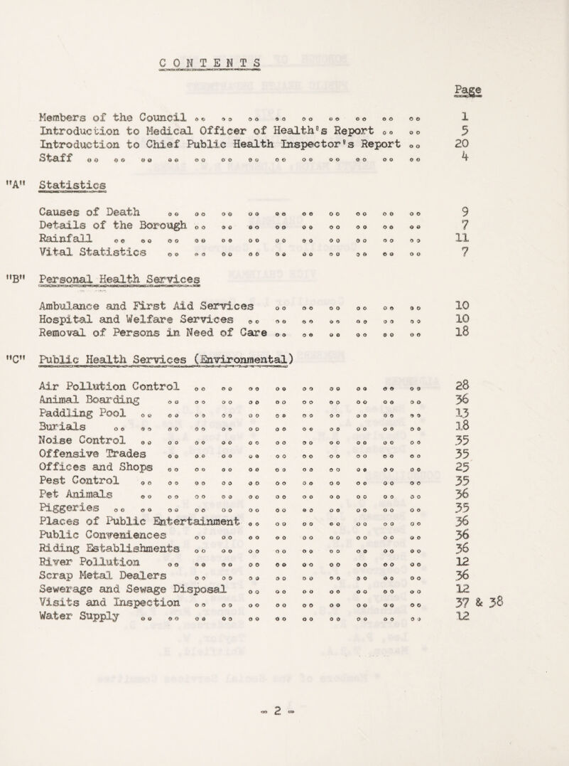 Members of the Council © © © © © o «o oo <> © oo ©<> Introduction to Medical Officer of Health0s Report ©«> Introduction to Chief Public Health Inspector°s Report Staff 0 e © © © 0 a © © o o o © Q O © O G O © O O O 0 © © o o o o © o A” Statistics <5 © O O Causes of Death Details of the Borough ©© Rainfall © © © © © o ©© Vital Statistics © © © a o © © © o © 0 o o o © © O © © © o a o o o 0 0 © o o o © © Q © © O O o o © o o o BM Personal Healthi Services . • * <?. - trr.ir; Ambulance and First Aid Services Hospital and Welfare Services ©© Removal of Persons in Need of Care o o a a o o © © 0 © o © o o © a © © nC,f Public Health Services {Environmental) o o & 9 0 a © o o o © 0 s o o o Q 0 © o o o © o o o © 0 O 0 © © e o o o o o 0 0 0 o O 0 O o 0 o O © Q © O O o o o © © © Air Pollution Control Animal Boarding Paddling Pool Bur ials © © Noise Control © © Offensive Ttrades Offices and Shops Pest Control Pet Animals Prggenes oo ©>© o© o© oo Places of Public Entertainment Public Conveniences Riding Establishments River Pollution Scrap Metal Dealers Sewerage and Sewage Disposal Visits and Inspection Water Supply O 0 o o 0 O 0 0 © o o o o o 0 O 0 0 0 0 0 © 0 O Q © O 0 © O 0 O 0 © 0 0 O O O O O 0 o o © o © o Q O © O o o o o o o O © o o 0 O © © o © © o 0 S 0 © © o o o o o o o o o 0 O o o 0 O o o 0 © 0 0 9 O o o o o o o o o o o O © 0 o 0 O o o o o o © © o o o 0 o o o o o O 0 o o o o o o o o o o 0 o o © o o O 0 o o o o o 0 o o ® o 0 o o o o o © o o o o o 0 © o o O O o o © 0 O O a 0 © 0 Q 0 o o 0 0 O O o o o o 0 0 o o o o o o o o o o o o 0 o 0 Q o o o o o o © o O O O 0 © G 0 © 0 0 ® o 0 © O 0 o o O 0 © o o o o o o o o o o o o o o o © o 0 0 0 O o o G O O 0 o © 0 0 O 0 o o ® © © 0 0 O o o O 0 9 9 o © o o o o © e o © o o o o o © 9 O 0 o 0 © 0 O o o o o 0 0 1 5 20 if 9 7 11 7 10 10 18 28 56 13 l8 35 35 25 35 36 35 36 36 36 12 36 12 37 & 38 12