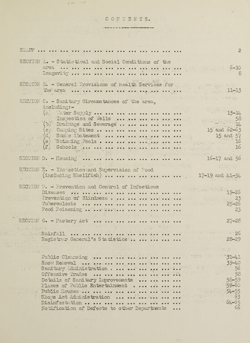 STaRF SECTION At - Statistical and Social Conditions of the srea ... ....... ... Longevity ... ... ... .... ... ... ... SECTION B. - 'General 'Provisions of Health. Services for me ■ area • « • « • • 9T 9 9 9 9 9 9 9 9 9 9 ft . 9 .9 9 9 9 9 9. 9 9 6-10 8 11-13 SECTION C. - S3.nitary Oircuxostances of die area? including:- (a) V.liter Supply..... Inspecnon ox wells ... ... (b) ' Drainage and Sewerage.. ... (cp Caxiping Sites .. ... ... ... fa, Sno-.e Abacemenc ... ... ... ... .... ... (eSv/m~mg.Pools * ... ... ... *• • ..... ... . x j S ono o Is .... ... ... ... ....... ... ... S-jCTION D. - Housing 13-34 . . 58 '14 15'and 62-63 15. and 57 'r '• 16 16 16-17 and 56 c SECTION 'E. - Inspection '^and Supervision of ‘ood (including Shellfish) ... ... ... ... ... 17-19. and 41-54 SECTION F. - Prevention and Control of Infectious Diseases ... ... Prevention 'of Blindness , ... ... ... ....... . ... 'Tuberculosis ... ... ... ... Pood Poisoning ... ...; WiVT,.. .. 19-26 . 23 25-26 23 SECTION G. - Factory Act' 1.. .. .. v* . •4. * >••• '• 9 9 9 9 9 9 9 9 9 9 9 0 9 0 0 9 9 9 0 9 9 - 10 + 9 Regisibrvx .Generalrs Sfe/&stics-;. «v» # ♦ • ♦ # • * • • 9 0 0 9 9 • 27-28 > - 26 28-29 mblac Cleansing '... ... ... ... •*» ... ... * • Snow Removal ... .... S am eery ..>.cU-XLms tra cion * ... ... ... *.* # 4*4*0 Offensive Trades ... ... ... ... ... ... •»• •. De'bails of Sani'bary Improvements ... ... ... .. Places of Public Entertainment , ... *•* ... .. Public Houses ... ... ... ... ... ...... ... ... Shops .Ac.t Administration .rA> .4. Disinfestation. ..•»'. Notification of Defects to other Departments •31-41 39-40 .56 58 58-59 :59-6o 54-55 63 64-65 66