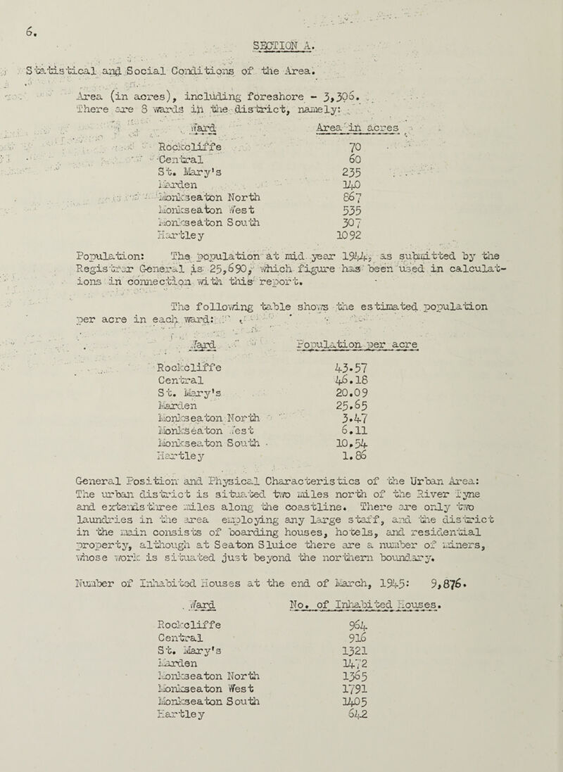SECTION A. Shatistical and ..Social Conditions of the Area. “j _ • T ' II.' - Area (in acres), including foreshore - 3>306. There are 8 -wards ill the district, namely; •/ GO .i.j , Hard Area: in Rockcliffe 70 Central 60 St. Mary's 233 harden 340 ibhk'3eaten North 867 Monies ea ton He s t 535 Monksea'bon S outh 30? Hartley 1092 Population: The population at mid- year 1944? as submitted by the Registrar General is 25,690,- which- figure has been used in calculat ions in connection with this; report. The folio1wing table shows the estimated population per acre in each ward:: • r ;..rv.; ife P opulation per acre Rockcliffe 43.57 Central 46.18 St. Mary's 20.09 harden 25.65 Monks ea ton'.North- 3.47 Monks e a ton . .’e s t 6.11 Monkseaton South • 10.54 Her tie y 1.86 General Position and Physical Characteristics of the Urban Area: The urban district is situated two miles north of the River Tyne and extends three miles along the coastline. There are only tiro laundries in -’die area employing any large staff, and 'the district in ‘the main consists of boarding houses, hotels, and residential property, although at Seaton Sluice there are a number of miners, whose work is situated just beyond ‘the northern boundary* Number of Inhabited Houses at idle end of larch, 1945; 9,876* . Har d No. of Inhabi Rockcliffe 964 Central 916 St. Mary’s 1321 Harden 1472 Monkseaton North 1365 Monkseaton West 1791 Monkseaton South 1405 Hartley 642