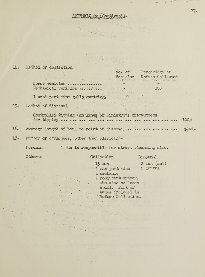 APTBKDIX iv (Continued)» dethod. of collection ’ • . Mo* of Percentage of Vehicles Refuse Collected Horse vehicles ........... - ~ luechanical vehicles ........ ■ .,3 100 ' • * , ' * . • *. , 1. < , 1 used part time gully emptying, ‘ lie thod of disposal .. 0 * * • , Controlled tipping (on lines of finis try's precautions for tipping ... ... ... ... ... ... ... ... .. 100^ Average length. of Haul to point of disposal .. .. i^ml* Humber of employees, other than clerical:- Foreman 1 viho is responsible for street cleansing also. 0 tiers: Collection Disposal 13 men 2 men (and) 1 man part time 2 youths * ■. ’ • 1 mechanic , 1 pony cart driver, viio also collects ,. svd.il. Part of • , . ’ ' • - . , wages included in ’ ’ ’ « . * ’ Refuse Collection.