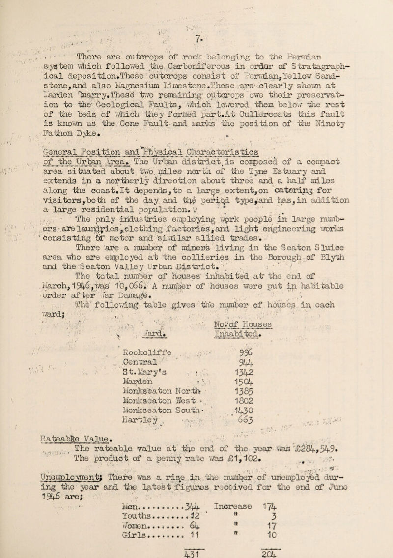 - ■ • There are outcrops of rock belonging to the Permian s ystern which followed the .Carboniferous in ordar of S tratagraph- ical deposition#These outcrops consist of Permian,Yellow Sand¬ stone, said also Magnesium Limestone*These>.0x6■ .clearly shown at harden luarry* These two Remaining- outcrops owe thoir preservat¬ ion to the- Geological Faults, which lowered them be low the rest of the beds of which they fqrmed part*At Culle rcoats this fault is known as' the Cone Fault- and marks’ the position of the Ninety .Fathom Dyke* „ General Position and Physical Charab ter is tics of the Urban Area*, The Urban district/is composed of a compact area situated about two. miles north of the Tyne Estuary and extends in d northerly direction about three and a half miles along the coast*It depends,to a large extent,on catering for visitors,both of the day, and the periqd type,.and has,in addition large residential population* \ b r * 'The only industries employing wprk people in large nwnb- ers-.arelaui^pies^clotiling factories',and light engineering works ’'Consisting 6f motor and 'similar allied trades.*: There 'are a number of miners living in the Seaton Sluice area who are employed. at the collieries in the • Borough of Blyth and the Seaton Valley Urban district.g • f ■ ' F The total number of houses' inhabited at the end of liarch, 194Sywas 10,066f A number of houses were put in habitable ■order after far Damage* ' .... -p ' l ' v.,f The fol;lp wing table gives tie number- of. houses.' in, each ward; /F 'Fp.M - • v ,p.\ F -Fft FCFft ' f * ’ Yard, .‘of Houses Inhabited* Rockcliffe .Central >•'' St. Mary* s Harden Monk$eaton North Monies,eat on lest Monks e a ton S ou th * Hartley , • ■••••.> 99s 1342 1504 1385 1802 1430 663 Rateable Value, VV The rateable, value at the end of the. year was'£284,549* The product of a penny rate Was £1,102* f v Unemployment; There was a rise..in the number of unemployed dur¬ ing the year and- the. latest figures received for the end of Juno 1946 sire; A. - Men.••••••«• *344 Increase 174 Youths N 3 Women. ft 17 Girls. ff 10 431 eo4