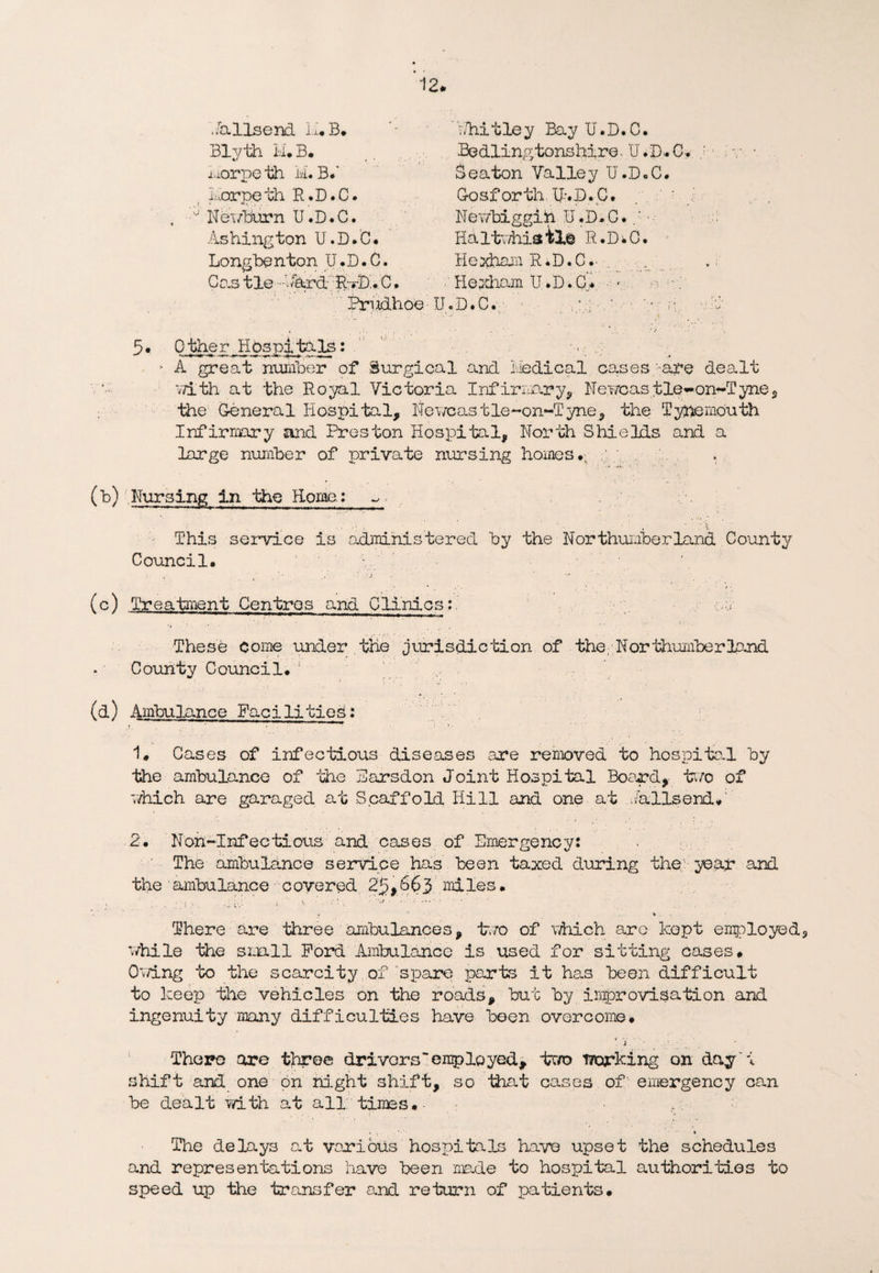 Eallsend M. B. Blyth M.B. x.xorpe th M. B*' i.'-orpeth R.D.C. . 0 He'./burn U.D.C. Ashing ton U.D.C. Longbe nton U.D.C. Castie C. Prudhoe : A/hitley Bay U.D.C. Bedlingtonshire. U .D.C. ; * : v Seaton Valley U.D.C. Go sf or th UvD.C. ’ A Newbiggih U.D.C# :A Haltwhisil© R.D^C. Hexham R.D.C.- . Hexham U.D.C* ■ n 5. Other Hospitals: A  - A great number of Surgical and Medical cases -are dealt with at the Royal Victoria Infirmary* Newcastle-on-Tyne* the General Hospital, Newcas tle~on*-Tyne, the Tynemouth Infirnxtry and Preston Hospital, North Shields and a large number of private nursing homes.. , (b) Nursing in the Home.: This service is administered by the Northumberland County Council. (c) Treatment Centres and Clinics:. These come under the jurisdiction of the, Northumberland County Council.'• (d) Ambulance Facilities: 1. Cases of infectious diseases are removed to hospital by the ambulance of the Earsdon Joint Hospital Board, too of which are garaged at Scaffold Hill and one at .nilsend.' 2. Noh-Infectious and cases of Emergency: The ambulance service has been taxed during the;: ,year and the ambulance covered 2$,663 miles. There are three ambulances, two of which arc kept employed* while the small Ford Ambulance is used for sitting cases. Owing 'bo the scarcity of spare parts it has been difficult to keep the vehicles on the roads, but by improvisation and ingenuity many difficulties have been overcome. There are throe driversemployed, two working on day't shift and one on night shift, so that cases of emergency can be dealt with at all times.- . , » / % % i ...... . * < • , • ♦ The delays at various'hospitals have upset the schedules and representations have been made to hospital authorities to speed up the transfer and return of patients.