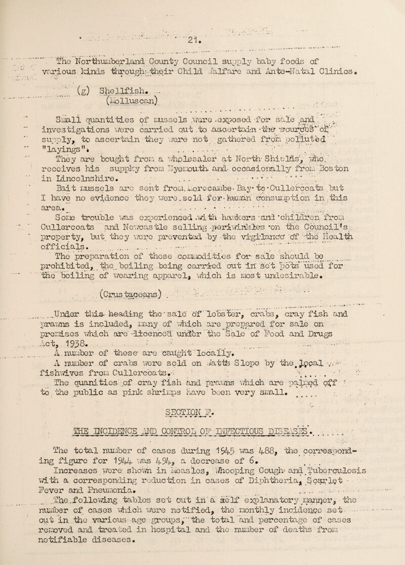 The Northumberland County Council supply baby foods of various kinds through,-; their Child Jalfare and Ante-Natal Clinics (g) Shellfish*. ... (iviplluscan) 4 ♦ * ■ U‘ ■ Small quantities of mussels, .ware .exposed 'for sale and .. » 1 _ , • / ■ / Vj - ■ | t investigations were carried out .to ascertain - the; -sourbed’of supply, to ascertain they were not gathered from polluted '. layings11 * * . .. • / * ' •/v ■' They are bought from a wholesaler- at North Shields, who.’ receives his suppky from Eyemouth, and- occasionally from‘Boston in Lincolnshire. .... . • ■ * *p p Bait mussels are sent from, morecam.be- Bay* to 'Cullercoats ..but I have no evidence they v/ere. sold for>huimh consuruption in this area. .... Some trouble 'was experienced .with -hawkers -and ‘children from Culler coats and Ncv/castle selling -neriwinkles *on the Council's property, but they were prevented by -the vigilance* of :'tho Health officials. . .... ... • —. • • ' '■. The preparation of these commodities for- sale should be . prohibited, the.boiling .being- carried cut In set pots' used for the boiling of wearing apparel, 'which is most undesirable. » ... , (Crus taceans) . 11 vw mV.■ ^ . A r •' «-** ‘-Tf9 t.Under this- heading the'sale' of’lobster, crabs, crayfish and prawns is included, many of which are prepared.for sale on premises which are -licenced under' the Sale of Pood and Drugs Act, 1.338. i - r - • .■_ p.w A;, • A. number of these are caught 'locally. A number of crabs were sold on faith Slope by the^Jppal yW-.. fishwives from Cullercoatsv- ! y ,,,, / The guard ties .of crayfish and prawns which are palmed off ' to the public as pink shrimps have1 been very small. SECTION F. m ft 1) r • ‘ • * ' *• THE INCIDENCE ,\HD CONTROL OF HLPECTIOUS DISEASES.. _ ; * ’ . . V' The total number of cases during 194-5 mas 488, the( correspond¬ ing figure for 1944 'was 494* a decrease of 6. Increases were: .shown in Aieaslos, A/hooping Cough and,Tuberculosis with a corresponding reduction in cases of Diphtheria, _Scarlet • ■ Fever and Pneumonia. . . .. ..JTUc., following tables set cut in' a ‘see If explanatory leanger, the number of cases which were notified, the monthly incidence set out in. the various- age groups,'the total and percentage of cases removed and treated in hospital and the number of deaths from notifiable diseases.