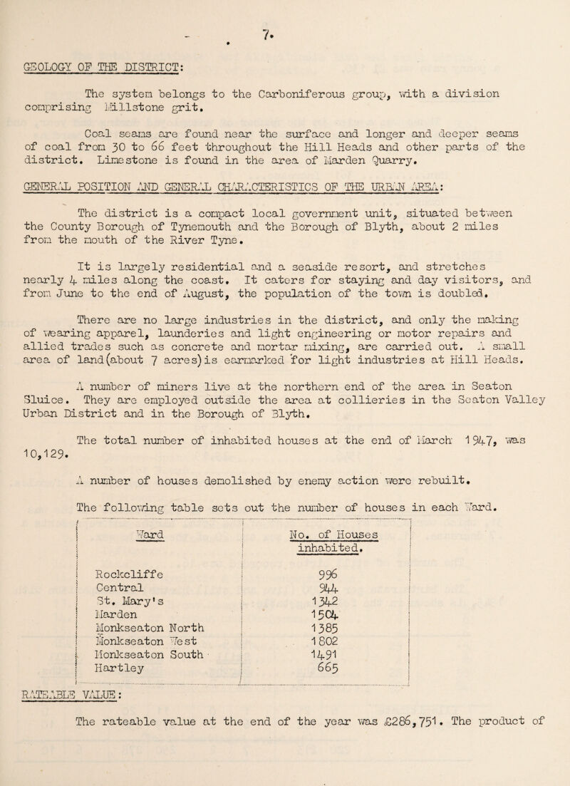 GEOLOGY OF THE DISTRICT: The system belongs to the Carboniferous group, with a division c omprising Mi 11st one grit. Coal seams are found near the surface and longer and deeper seams of coal from 30 to 66 feet throughout the Hill Heads and other parts of the district. Limestone is found in the area of Harden Quarry. GENERAL POSITION AND GENERAL CHARACTERISTICS OF THE URBAN AREA: The district is a compact local government unit, situated betv/een the County Borough of Tynemouth and the Borough of Blyth, about 2 miles from the mouth of the River Tyne. It is largely residential and a seaside resort, and stretches nearly 4 miles along the coast. It caters for staying and day visitors, and from June to the end of August, the population of the tow is doubled. There are no large industries in the district, and only the making of waring apparel, launderies and light engineering or motor repairs and allied trades such as concrete and mortar nixing, are carried out. A small area, of land (about 7 acres) is earmarked for light industries at Hill Heads. A number of miners live at the northern end of the area in Seaton Sluice. They are employed outside the area at collieries in the Seaton Valley Urban District and in the Borough of 31yth. The total number of inhabited houses at the end of March 1 947* tfas 10,129. A number of houses demolished by enemy action were rebuilt. The following table sets out the number of houses in each Yard. Yard No. of Houses inhabited. Rockcliffe 996 1 Central 944 1 St. Mary’s 1342 1 Harden 15C4 i Monkseaton North 1385 I Monkseaton Rest 1802 I Monkseaton South• 1491 ! Hartley 665 1 RATEABLE VALUE: The rateable value at the end of the year was £286,751* The product of