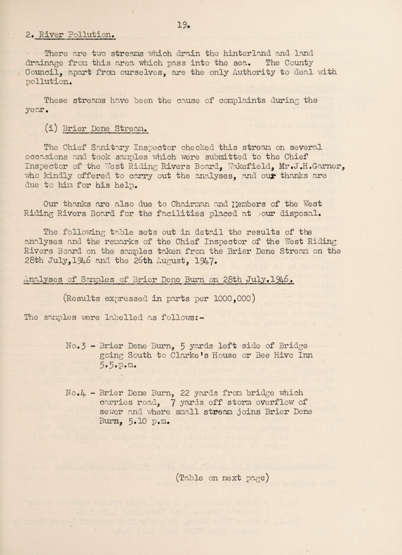 2. River Pollution. There are two streams which drain the hinterland and land drainage from this area which pass into the sea. The County Council, apart from ourselves, are the only Authority to deal with pollution. These streams ha-ve been the cause of complaints during the year. (i) Brier Dene Stream. The Chief Sanitary Inspector checked this stream on several occasions and took samples which were submitted to the Chief •c. Inspector of the Pest Riding Rivers Board, Wakefield, Mr.J.H.Corner who kindly offered to carry out the analyses, and our thanks are due to him for his help. Our thanks are also due to Chairman and Members of the West Riding Rivers Board for the facilities placed at >our disposal. The following table sets out in detail the results of the analyses and the remarks of the Chief Inspector of the West Riding Rivers Board on the samples taken from the Brier Dene Stream on the 28th July, 1%6 and the 26th August, 1947* Analyses of Samples of Brier Dene Burn on 28th July. 1946. (Results expressed in parts per 1000,000) The samples were labelled as follows: - No.3 - Brier Dene Burn, 5 yards left side of Bridge going South to Clarke!s House or Bee Hive Inn 5.5.p.m. No.4 - Brier Dene Burn, 22 yards from bridge which carries road, 7 yards off storm overflow of sewer and where small stream joins Brier Dene Burn, 5*10 p.nu