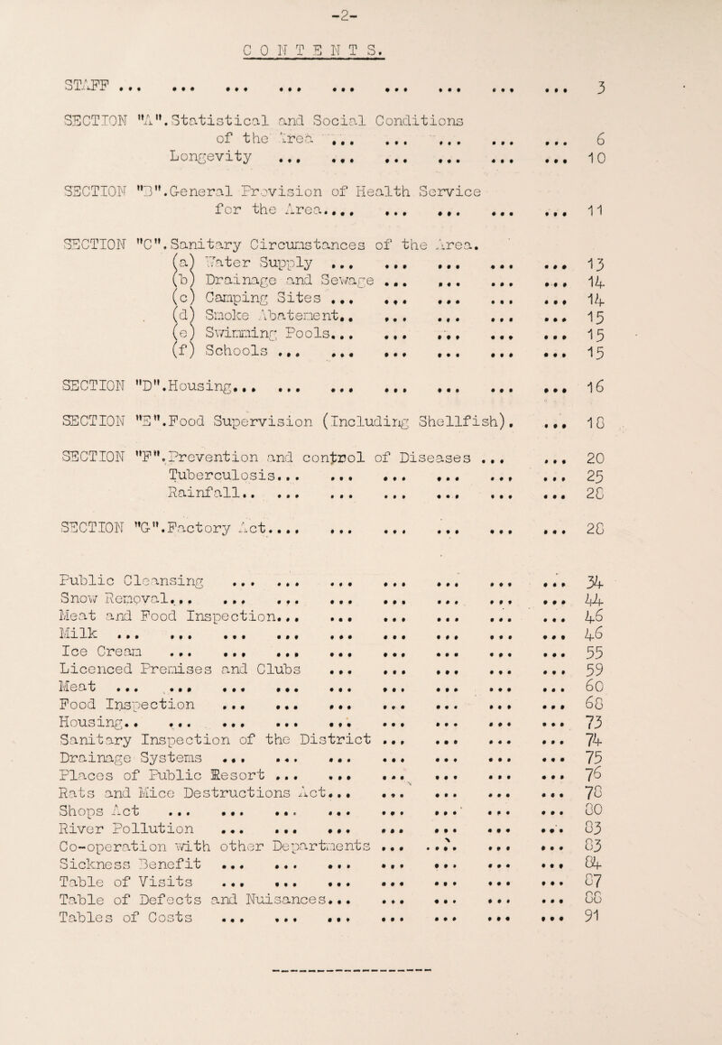 -2- CONTENTS. STAFF ... 090 • t f • t t • •• 0> • * SECTION ,,AU. Statistical and Social Conditions of the Ir e a Longevity • t 0 I t t • f • • • t t • • • t • • t • « • t SECTION u3n.General Provision of Health Service for the Area.... t • • i t # • •• SECTION C.Sanitary Circumstances of the a) Hater Supply .rea. • • • • • t kb) Drainage and Sewage ... (c) Camping Sites ... d) Smoke Abatement.. e) Swimming Pools... (f) Schools ... ... • ♦ • * • * •»• ... • • • • • » • * • •. • • • • • • . • • • • SECTION D.Housing. SECTION ”E.Food Supervision (including Shellfish). SECTION F*’.Prevention and control of Diseases ... Tuberculosis... Rainfall.. ... • t • • • i f • • • if • i t i • • SECTION G-”.Factory Act.... ... . • • . • • ... •. • ... • • * ... • • • • * . ••. • • • < . • • ... ... ... ... 3 6 10 11 13 14 14 15 15 15 16 18 20 25 28 28 • • • • • • I • • Public Cleansing Snow Removal... Meat and Food Inspection.,, l.'Iili.'- ... ... ... ... Ice Cream .. ... Licenced Premises and Clubs Meat ... s... Food Inspection Housing.• ... Sanitary Inspection of the Dis Drainage Systems .•. Places of Public Resort Rats and Mice Destructions Act Shops Act River Pollution • • # ill fit • •• • • • • 4 • • I • • • • • • I • • • Sickness Benefit Table of Visits ... ... Table of Defects and Nuisances Tables of Costs ... 0 9 0 ... 1 0 0 110 ... • II ... Ilf 9 0 0 Llr i I ... • II ... 0 0 9 9 9 0 46 ... 0 0 0 ... 0 0 9 9 0 0 46 ... 0 0 0 ... 0 0 9 9 9 9 55 ... 0 0 0 ... 0 0 9 9 9 9 59 ... • • • ... 9 9 9 60 ... 0 0 1 ... 9 9 9 0 0 0 68 • ... 0 I 0 ... 0 0 9 9 9 9 73 trict 0 0 0 ... 0 0 0 9 9 0 74 ... 0 0 0 ... 0 0 9 9 9 0 75 ... 0 0 0 ... 0 9 9 0 0 9 76 ... I • • ... 0 0 9 9 9 9 78 ... 0 0 0 ... 9 0 9 9 0 9 80 ... 0 0 0 ... 9 0 9 83 ments 0 0 0 > * . . . 0 9 9 0 9 9 83 • f • 0 0 0 ... 0 0 0 9 9 9 84 • • • 9 0 0 ... 9 0 9 9 9 9 87 ill 0 0 0 ... 0 I 1 9 9 9 88 0 0 0 9 9 9 91
