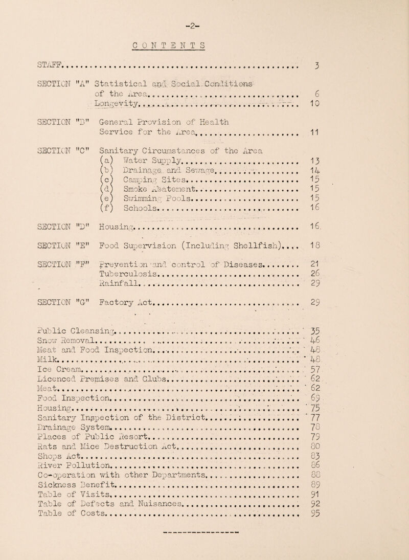 ~2 CONTENTS STAFF, SECTION ’’A” Statistical and Social Conditions of the lire a... ...... . Longevity,....... 0 0-90 9‘ ® • 99 9 9 9 9 9 9 V • 0 • 9 9 9 SECTION B” General Provision of Health Service for the Area.. . , SECTION C Sanitary Circumstances of the Area (a) Water Supply.»,.... (b) Drainage... and Sewage.. (c) Camping Sites..... o....... (d) Smoke Abatement..... (e) Swimming Pools... (f) Schools............ o 9999999909999999 SECTION D Housin SECTION P Prevention-and control of Diseases. Tuberculosis. i-iainfall.................................. 3 6 1G 11 13 14 15 15 15 16 16. SECTION f’En Pood Supervision (Including Shellfish),.,. 18 21 26 29 SECTION ”C” Factory Act.... 0 9 0 0 0 .. 29 0 O 999090 9- 900* ‘JQ0O99O 990999909990000999 0 0 9 0 OQOOOO0OV9CO90COO90O9O O 0,0^0.09000 00009909 0009400909990999 ■*009090 c o o o o O0O999O99OO9O99 Pub lie Cleans in g. Snow Removal........ Meat and Pood Inspection, Milk.. .. Ice Cream.... Licenced Premises and Clubs,.0 .. . M p. o 4- 1.10 O'- 999999999909900 .,0 990999 0 90 9 9 0 9 0 0 9 9 90990040099909099 — O O wt, -I- -61 kO . 3 G-s C9 t 1G9 IGl #•#% • # •. # 9 9 • 9 9 © # • © © o 0 0 © • 9 0 0000990000 999 o # • nousir%« +•••©•«•••• Sanitary Inspection of the-District Drainage System,.. Places of Public Resort... Rats and Mice Destruction Act,.,,, ShOOS rrC t. ...»« River Pollution...... Co-operation with other Departments,. Sickness Benefit.. Table of Visits,..... Table of Defects and Nuisances. ...... Table of Costs.. o©®##30o*,e«®o©0 3qooo####*oo##o©#oec© 0009909 9 909090900000 409904994090406090900009 9 O 0 ♦ e © ' 35 46 • 48 ’ 48 / 57 62 ‘ 62 63 . ' 75 * 77 78 79 80 83 86 88 89 91 92 95