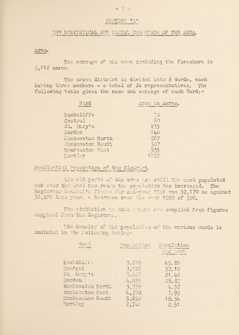 / SECTION A, m STATISTICAL AND SOCIAL CONDITION OF THE AREA. Area. The acre 3,612 acres. 3 of the area including the foreshore is The urban district is divided into 8 Wards, each having three members ~ a total of 2A representatives* The following table gives the name and acreage of each Ward:~ Ward Area an Acres. Rockcliffe Central St. Mary’s Harden Honkseaton North Monkseaton South Monksoaton West Hartlev . 0 60 235 1 AO 867 30? 535 rsr\n i \)yc. Residential Peculation of the District, -L c..,ci rare s o:‘: the area ere still the most populated and ever the rase few years the population has increased. The Registrar General1 s figure for mid-year 1951 was 32,170 as against 32,520 last year, a decrease over the year 1550 cf 350. rpVio c 4- o 4- 4 c< ' -' > an u _Li - • . , : 1 ^ ‘ 1 : , q — • i—' e u vj ,.u u u J- u o . 1.^ this ear vis C. i supplied from the Reo-ist compiled from figures ras The density of the population of the various wards is included in the following table:- Ware Pop- ration Population a-r a., ore Rockclisfe 3,210 A5. 86 Cent ml * J 7 • 52.10 S't. Mary! s r w a 3 *, 21.40 Harden 4,036 28. 05 Monkseaton North 3,059 4,57 Monkscaton We s t A, 378 7.99 Monkseasoo. South 5,652 18.54 Hartlev «/ 2,74-2 2.51