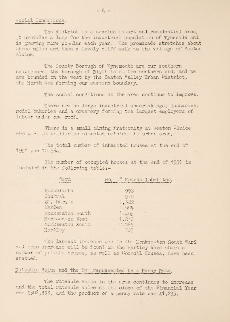 Social Condilions. The district is a seaside resort and residential area. It provides a lung for the industrial population of Tyneside and is growing more popular each year. The promenade stretches about throe miles and then a lovely cliff walk to the village of Sea.ton Sluice. The County Borough of Tynemouth are our southern neighbours, the Borough of Blyth is at the northern end, and we are bounded on the west by the Seaton Valley Urban district, the North Sea forming our eastern boundary. The social conditions in the area continue to improve. There are no large industrial undertakings, laundries, model bakeries and a. creamery forming the largest employers of labour under one roof. There is a small mining fraternity at Seaton Sluice who w,.rk at collieries situated outside the urban area. 1951 was included The total number of inhabited houses 1 0,864. The number of occupied houses at the in the following table:- - j at the end of end cf 1951 is Wb r»d No. cp lion ckcliffe 993 ntral 970 . Mary’s *,382 ■ynrl pn W-J. , 5C4 nKscaton North ' ,405 louses Inhabited. » j. M< Monkseaton W3 si Monkseaton S outh Hart 1.3 y 1,830 n r. i' o e~ v, \-.-eu J r - 1 CXxX'UL number of ere cued. Th-j largest increase was in the Monkseaton South Ward ome increase will be found in the Hartley Ward where a rrvate houses, as well as Council Houses, have been P Passable Value and the Sum represented by a Penny Rate, and the The rateable value total rateable value in the area continues to increase at the close of the financial Year wa* 9305,393, and the product cf a penny rate was £1,235.