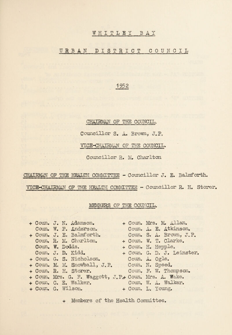 WHITLEY BAY URBAN DISTRICT COUNCIL 1952 CHAIRMAN OP THE COUNCIL. Councillor S. A. Brown, J.P. VICE-CHAIRMAN OF THE COUNCIL. Councillor R. M. Charlton CHAIRMAN OF THE HEALTH COMMITTEE - Councillor J. E. BaRnforth. VICE-CHAIRMAN OP THE HEALTH COMMITTEE - Councillor R. H. Storer. MEMBERS OP THE COUNCIL. + Coun. J. N. Adamson. + Coun. Mrs. M. Allan. Coun. W. P. Anderson. Coun. A. E. Atkinson. + Couru J. E. Balraforth. Couru S. A. Brown, J.P. Couru R. M. Cliarlton. + Coun. w. T. Clarke. Coun. W. Dodds. + Coun. H. Hepple. Couru J. D. Kidd. + Coun. G. D. J. Leinster. + Coun. G. S. Nicholson. Coun. A. Ogle. + Coun. M. M. Snowball, J.P. Coun. N. Speed. + Couru R. H. Storer. Coun. P. W. Thompson. + Couru Mrs. G. P. Waggott, J. hi o o • Mrs. A. Wake. + Couru C. E. Walker. Coun. W. A. Walker. + Couru G. Wilson. 4- Coun. L. Young. + Members of the Health Committee.