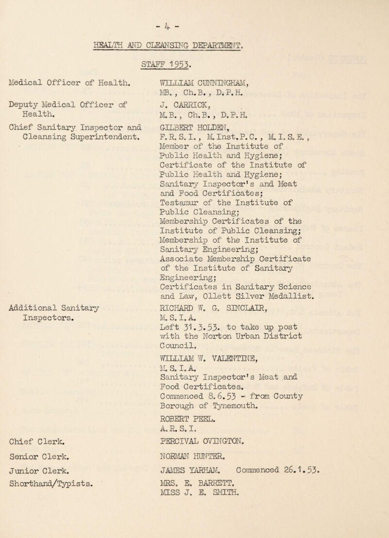 HEALTH AND CLEANSING- DEPARTMENT. STAFF 1953. Medical Officer of Health. Deputy Medical Officer of Health. Chief Sanitary Inspector and Cleansing Superintendent. Additional Sanitary Inspectors. Chief Clerk. Senior Clerk. Junior Clerk. Shorthand/Typist s. WILLIAM CUNNTOGKAM, MB. , Ch.B. , Di P. H. J. CARRICK, M.B. , Ch.B. y D,P.H. GILBERT HOLDEN, F.R.S.I. , Mo Inst.P. C. , M.I.S.E., Member of the Institute of Public Health and Hygiene; Certificate of the Institute of Public Health and Hygiene; Sanitary Inspector’s and Meat and Food Certificates; Testamur of the Institute of Public Cleansing; Membership Certificates of the Institute of Public Cleansing; Membership of the Institute of Sanitary Engineering; Associate Membership Certificate of the Institute of Sanitary Engineering; Certificates in Sanitary Science and Lav/, Ollett Silver Medallist. RICHARD W. G. SBTCLAIR, M. So I. A. Left 31.3* 53- to take up post with the Norton Urban District Council. WIHilAM W. VALENTINE, M. So Io A. Sanitary Inspector’s Meat and Food Certificates. Commenced 8.6.53 - from County Borough of Tynemouth. ROBERT PEEL. A. R. S. I. PERCIVAL OVINGTON. NORMAN HUNTER. JAMES YARHAM. Commenced 26.1.53 MRS. E. BARRETT. MISS J. E. SMITH.