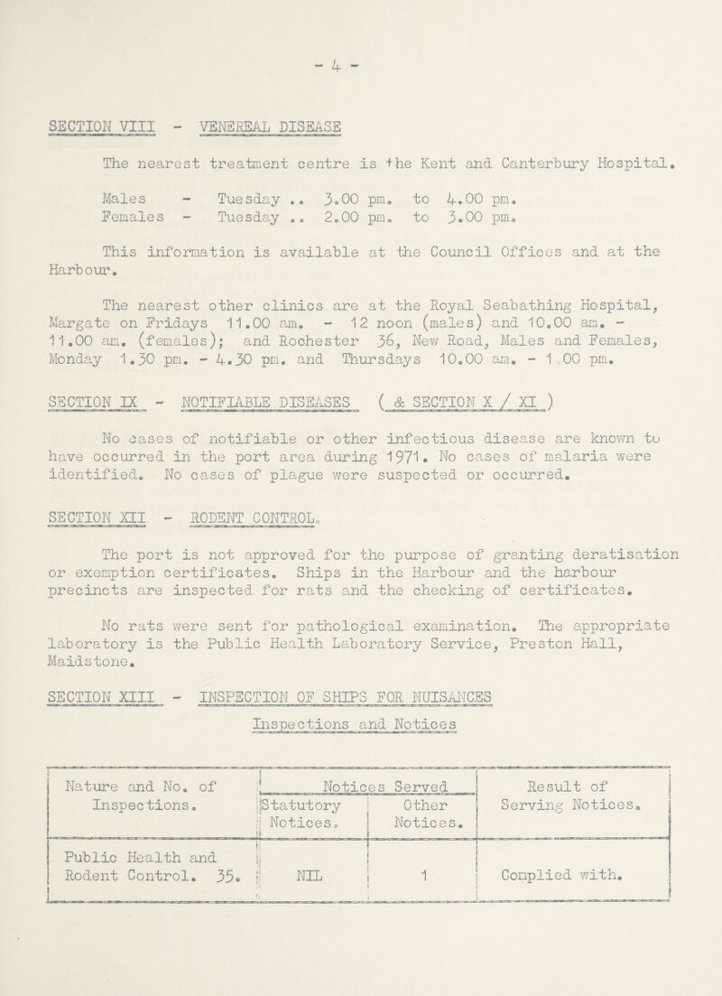 *■» 4 •*' SECTION VIII - VENEREAL DISEASE The nearest treatment centre is + he Kent and Canterbury Hospital, Males - Tuesday .. 3»00 pm. to 4.00 pm, Eemales - Tuesday .. 2,00 pm, to 3-00 pm. This information is available at the Council Offices and at the Harbour. i The nearest other clinics are at the Royal Seabathing Hospital, Margate on Fridays 11.00 am. - 12 noon (males) and 10.00 am. - 11.00 am. (females); and Rochester 36, New Road, Males and Females, Monday 1.30 pm. - 4.30 pm. and Thursdays 10.00 am. - 1.00 pm. SECTION IX - NOTIFIABLE DISEASES ( & SECTION X / XI ) No cases of notifiable or other infectious disease are known to have occurred in the port area during 197^• No cases of malaria were identified. No cases of plague were suspected or occurred. SECTION XII. - RODENT C0NTR0LQ The port is not approved for the purpose of grafting deratisation or exemption certificates. Ships in the Harbour and the harbour precincts are inspected for rats and the checking of certificates. No rats were sent for pathological examination. The appropriate laboratory is the Public Health Laboratory Service, Preston Hall, Maidstone. SECTION XIII - INSPECTION OF SHIPS FOR NUISANCES Inspections and Notices Nature and No. of Inspections. i . Notices Served ;|Statutory H Notices. Other Notices. Public Health and Rodent Control. 35. Result of Serving Notices NIL Complied with.