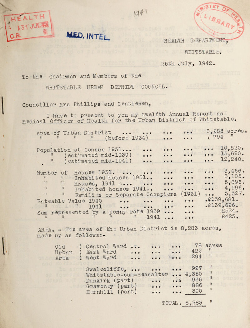 INTEL. 25th July, 1942, To the Chairman and Members of the WHITSTABLE URBAN DBTRICT COUNCIL . i Councillor Mrs Phillips and Gentlemen, I have to present to you my twelfth Annual Report as Medical Officer of Health for the Urban District of Whitstable. Area of Urban District • .# ?} ?! ?! (before 1934) 8,283 acres . 794 !t Population at Census 1931... ?f (estimated mid~1939) n (estimated mid-1941) • •• Number of Houses 1931. ... ••• ••• ?i n Inhabited houses 1931.. .#• n Houses, 1941 c... ••• n u Inhabited houses 1941., ••• 11 n Families or Separate Occupiers Rateable Value 1940 ••• ••• ••• 71 M 1941 .. ♦ . Sum represented by a peiany rate 1939 n if » !? 1941 • 9 ♦ # • • 10,820 • e . .00 15,620 0 9 0 ... 12,240 ... » * t 3,466 « ♦ * • • • 3,105 • • • 0*0 5,896 • • • • 0 9 4,996 1931) . • « 3,327 • . • .£139,681. ... • » • • * • .£139,626. £524. £423. AREA. - The area of the Urban District is 8,283 acres, made up as followss- Old ( C entral Ward ,., ... ... 78 acres Urban ( East Ward ... ... 422 H Area (. West Ward ... • . , • « • 294 Swalecliffe, ... 000 9 0 0 927 if Whitstable-cum-S easalt er • • • 4,350 if Dunkirk (part) ... 0 0 0 936 ff Graveney (part) • e ♦ , 9 . 8 86 Hernhill (part) • • • • • 9 390 it TOTAL. 8,285 ??