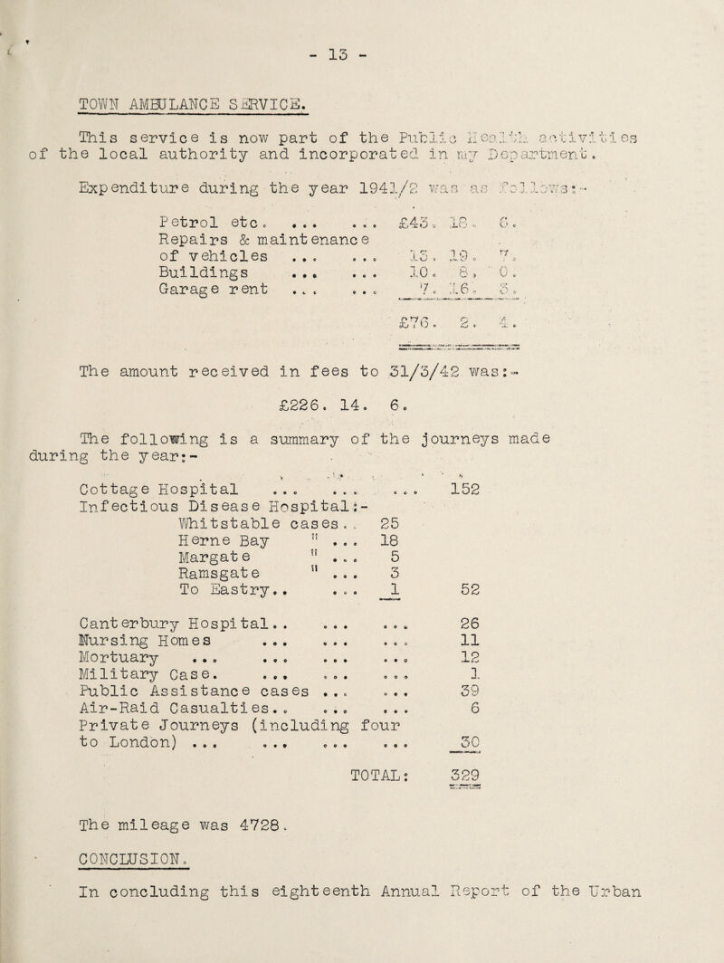 TOWN AMBULANCE SERVICE. This service is now part of the Public Health act-iv:' of the local authority and incorporated in my Department © 1 o ' I Expenditure during the year 1941/2 was as I i * r A !z “'j p 0 0 9 3C.J tt JLO o ■> T 1 •• J J. J. ■-J V i O o Petrol etc. Repairs & maintenance of vehicles Buildings Garage rent • © • • © • • e r* O © © © ©CO , iD ? • v © © • c i q Cf U o j '& 10 « B ? 0 « 7 o 16'. O 6 »-*•«■»& I...,.vm* • - £76. Q -A iO » X . u. . -rt,«« The amount received in fees to ,31/3/42 was:» £226. 14 o 6 e The following is a summary of the journeys made during the year:- Cottage Hospital ... . . . Infectious Disease Hospital-;- Whitstable cases.. Herne Bay n Margat e Ramsgate To Eastry.. 152 if tt • © © 25 18 5 3 1 0 0© Canterbury Hospital.. Nursing Homes ... Mortuary ... ... Military Case. ... Public Assistance cases Air-Raid Casualties.. ... Private Journeys (including four to London) ♦ • © • 00 © • • 52 26 11 12 1 39 6 SO TOTAL: 329 The mileage was 4728. CONCLUSION. In concluding this eighteenth Annual Report of the Urban