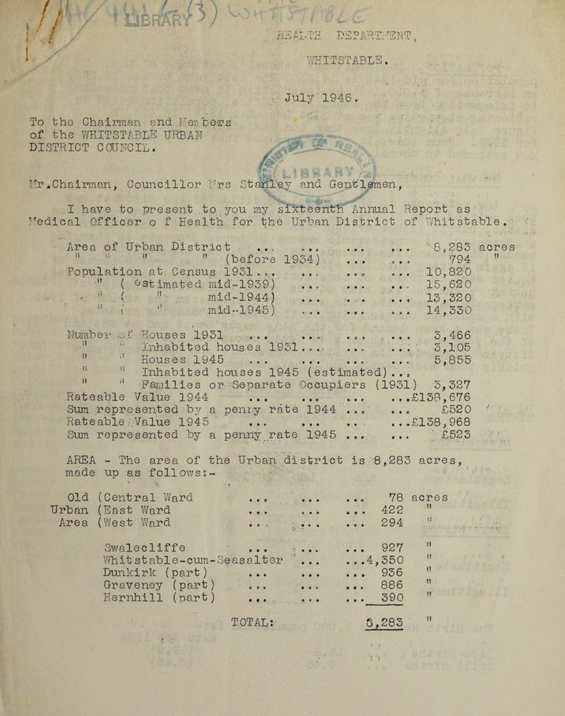 tlllTARY^ ) WHITSTABLE. To tho Chairman and Wen tors of the WHITSTABLE URBAN DISTRICT COUNCIL. July 1946. 1 H Hr.Chairman, Councillor Nrs Stanley .and Gentlemen, I have to present to you my sixteenth Annual Report as Wedical Officer o f Health for the Urban District of Whit stable Area of Urban District ... ...  ’’ ?l  (before 1954) Population at Census 1931 .. , . ... ■” ( Estimated mid-1939) ... . {i ( n mid-1944) i? ( mid-1945) 9 9 9 9 9 O • 9 C 0 9 9 6,283 acres '794  10,820 15,620 13,320 14,330 Number -of Houses 1931 ... 11 i: Inhabited houses 1951. ” Houses 1945 ... Inhabited houses 1945 (estimated).., H li Families or Separate Occupiers (1931) 5,327 • • * ■ * • • • • • • o > • 9 o • 90 3,466 3,105 5,855 Rateable Value 1944 • • 9 • • 9 9-9 9 ...£138,676 Sum represented by a penny rate 1944 9 9 C • •o £52 0 Rateable Value 1945 • • • • • 9 • • ...£138,968 Sum represented by a penny rate 1945 • 9 9 £523 AREA - The area of the Urban district made up as follows?- is 8,283 acres, Old (Central Ward • 9 0 9 9 9 9 9 0 78 acres Urban (East Ward • • * 0*9 9*9 422  Area (West Ward • • 9 • 9 9 294 Swalecliffe • • 9 • 9 9 • 9 9 92V  Whitstable-cum - Seasalter • • 9 9 9 9 4,350  Dunkirk (part) 0 • • • 9 • • 9 9 936  Graveney (part) 0 9 9 • 9 0 9 9 9 886 M Hernhill (part) • • • TOTAL? • f 9 • 9 • 390 M S,283 