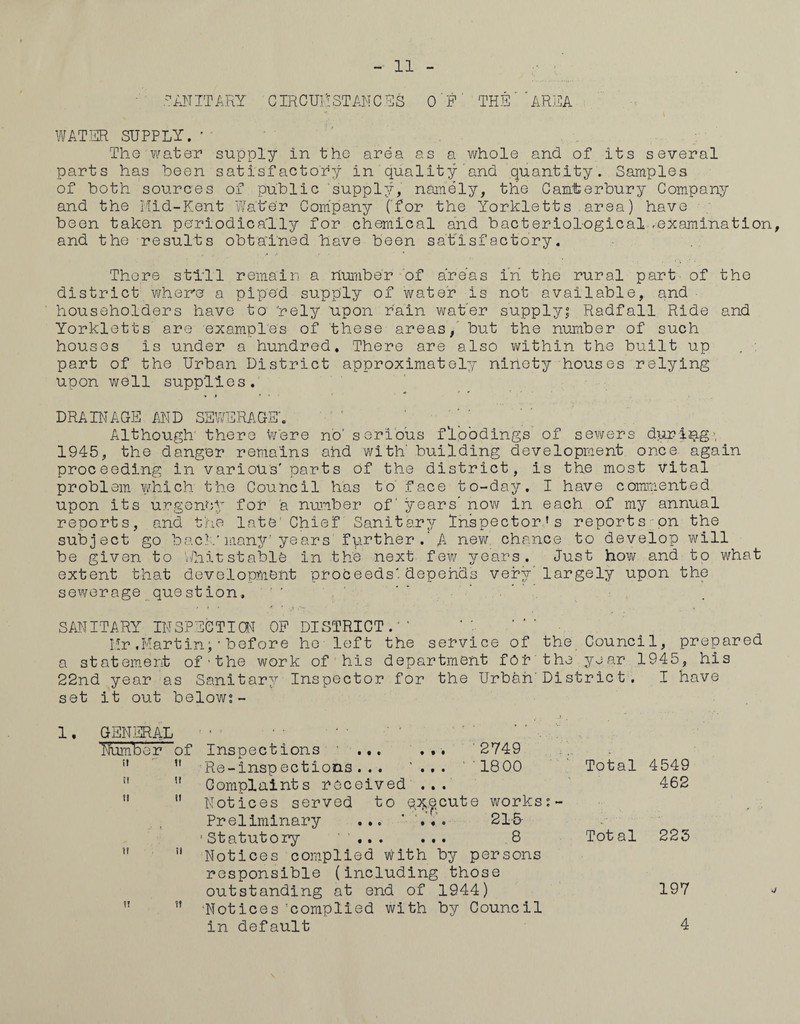 SANITARY CIR C UIl ST AN C E S 0 F THE ' ' AREA WATER SUPPLY. The water supply in the area as a whole and of its several parts has been satisfactory in quality and quantity. Samples of both sources of public supply, namely, the Canterbury Company and the Mid-Kent Water Company (‘for the Yorkletts area) have been taken periodically for chemical and bacteriological .examination, and the results obtained have been satisfactory. There still remain a number of areas in the rural part of the district where a piped supply of water is not available, and householders have to 'rely upon rain water supply; Radfall Ride and Yorkletts are examples of these areas, but the number of such houses is under a hundred. There are also within the built up . : part of the Urban District approximatoly ninety houses relying upon well supplies. «<> * t DRAINAGE AND SEWERAGE*. Although' there were no' serious floodings of sewers during-, 1945, the danger remains and with' building development once again proceeding in various' parts of the district, is the most vital problem which the Council has to face to-day. I have commented upon its urgency for a number of' years now in each of my annual reports, and the late Chief Sanitary Inspector’s reports on the subject go back’many year s further.’A new chance to develop will be given to WhitstablP in the next few years. Just how and to what extent that development proceeds'depends very’largely upon the sewerage question. SANITARY INSPECTION OP DISTRICT .' * Mr.Martin;’before he left the service of the Council, prepared a statement of-the work of his department for the year 1945, his 22nd year as Sanitary Inspector for the Urban' District. I have set it out below?- 1, GENERAL ! ■ ‘‘ * ’ ' Number of Inspections 1 ... ... 2749 n Re-inspections... 1800 Total 4549 !!  Complaints received ... 462 u n Notices served to execute works?- Preliminary ... ’ ... 216 1 Statutory ... ... 8 Total 225  11 Notices complied with by persons responsible (including those outstanding at end of 1944) 197 u M Notices 'complied with by Council in default 4 j