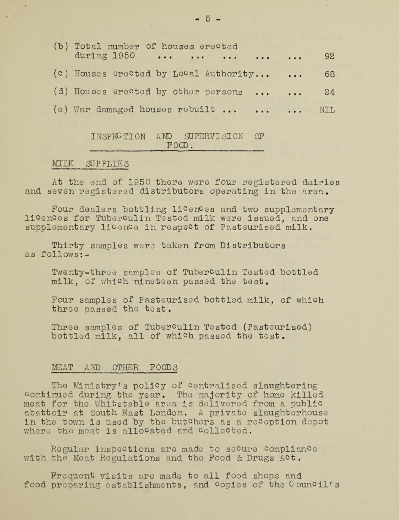 5 (t>) Total number of houses erected during 1950 .. • • • 92 (c) Houses erected by Local Authority... • • • 68 (d) Houses erected by other persons ... • « • 24 (o) War damaged houses rebuilt . • • • NIL INSPECTION AND SUPERVISION OP POOD. MILK SUPPLIES At the end of 1950 there were four registered dairies and seven registered distributors operating in the area. Pour dealers bottling licences and two supplementary licences for Tuberculin Tested milk were issued, and one supplementary licence in respect of Pasteurised milk. Thirty samples were taken from Distributors as follows:- Twenty-three samples of Tuberculin Tested bottled milk, of which nineteen passed the test. Pour samples of Pasteurised bottled milk, of which three passed the test. Three samples of Tuberculin Tested (Pasteurised) bottled milk, all of which passed the tost. MEAT AND OTHER POODS The Ministry’s policy of centralised slaughtering continued during the year. The majority of home killed meat for the Whitstable area is delivered from a public abattoir at South East London. A private slaughterhouse in the town is used by the butchers as a reception depot where the meat is allocated and collected. Regular inspections are made to secure compliance with the Meat Regulations and the Pood & Drugs Act. Eloquent visits are made to all food shops and food preparing establishments, and copies of the Council's
