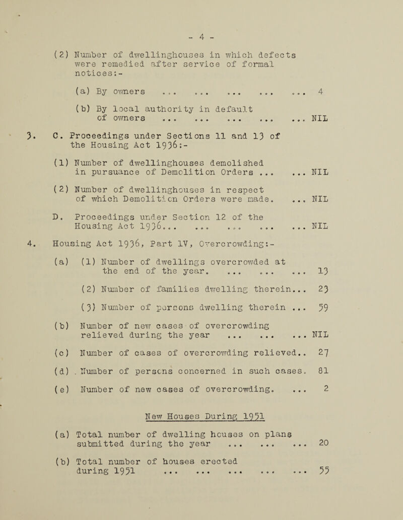 4 (2) Number of dwellinghouses in which defects were remedied after service of formal notices:- (a) By owners . . .. . .. . .. ... 4 (b) By local authority in default of owners ... ... ... ... ... NIL 3. C. Proceedings under Sections 11 and 13 of the Housing Act 1936:- (1) Number of dwellinghouses demolished in pursuance of Demolition Orders ... ... NIL (2) Number of dwellinghouses in respect of which Demolition Orders were made. ... NIL D Proceedings under Section 12 of the Housing Act 1936... ... ... ... Housing Act 1936, Part IV, Overcrowding NIL (a) (1) Number of dwellings overcrowded at the end of the year. ... ... ... 13 (2) Number of families dwelling therein... 23 (3) Number of persons dwelling therein ... 39 (b) Number of new cases of overcrowding relieved during the year .NIL (c) Number of cases of overcrowding relieved.. 2.J (d) .Number of persons concerned in such cases. 81 (e) Number of new cases of overcrowding. ... 2 New Houses During 1991 (a) Total number of dwelling houses on plans submitted during the year ... ... ... 20 (b) Total number of houses erected during 1951 ... ... ... ... ... 55