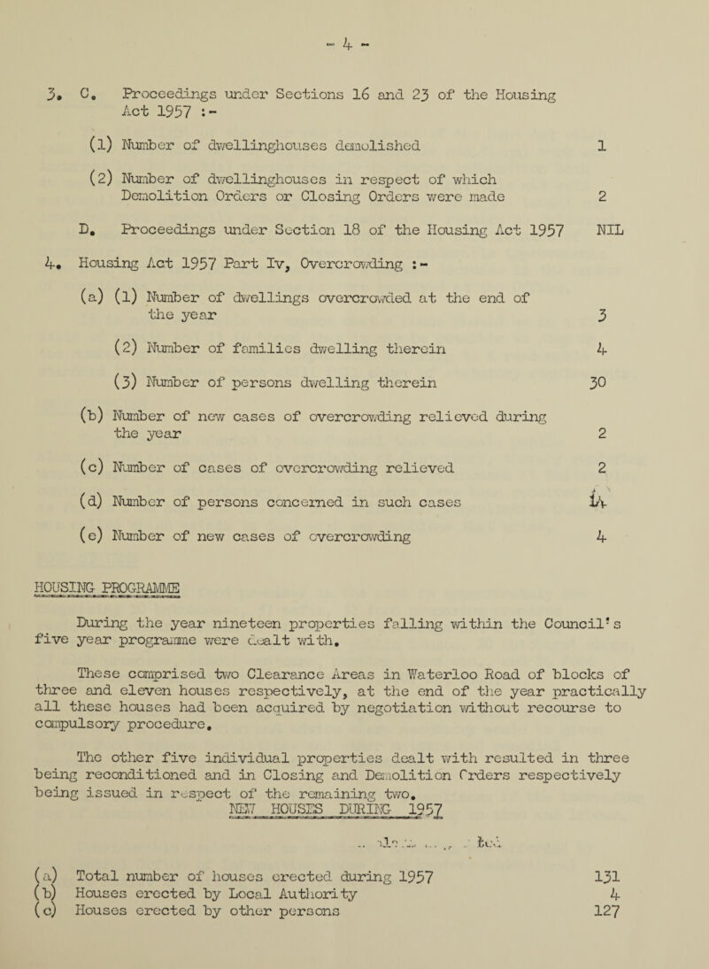 *> A|_ Act 1957 (1) Number of dwellinghou.ses demolished 1 (2) Number of dwellinghouses in respect of which Demolition Orders or Closing Orders were made 2 D, Proceedings under Section 18 of the Housing Act 1957 NIL 4. Housing Act 1957 Part Iv, Overcrowding : - (a) (l) Number of dwellings overcrowded at the end of the year 3 (2) Number of families dwelling therein 4 (3) Number of persons dwelling therein 30 (b) Number of new cases of overcrowding relieved during the year 2 (c) Number of cases of overcrowding relieved 2 (d) Number of persons concerned in such cases 14 (e) Number of new cases of overcrowding 4 During the year nineteen properties falling within the Council1 s five year programme were dealt with. These comprised two Clearance Areas in Waterloo Road of blocks of three and eleven houses respectively, at the end of the year practically all these houses had been acquired by negotiation without recourse to compulsory procedure. The other five individual properties dealt with resulted in three being reconditioned and in Closing and Demolition Orders respectively being issued in respect of the remaining two. NEW HOUSES DURING- 1957 (a) Total number of houses erected during 1957 (b) Houses erected by Local Authority (c) Houses erected by other persons 131 4 127