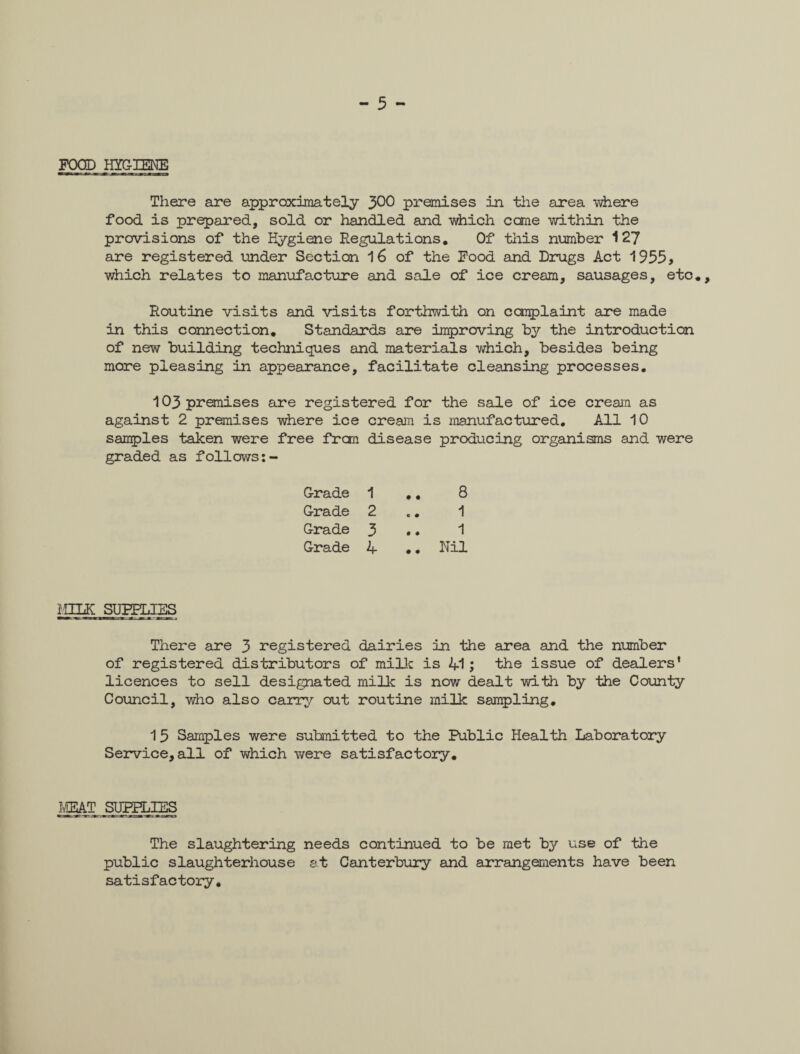 FOOD HYGIENE There are approximately 300 premises in the area where food is prepared, sold or handled and which came within the provisions of the Hygiene Regulations. Of this number 127 are registered under Section 16 of the Food and Drugs Act 1955, which relates to manufacture and sale of ice cream, sausages, etc.. Routine visits and visits forthwith on complaint are made in this connection. Standards are improving by the introduction of new building techniques and materials which, besides being more pleasing in appearance, facilitate cleansing processes. 103 premises are registered for the sale of ice cream as against 2 premises where ice cream is manufactured. All 10 samples taken were free frcm disease producing organisms and were graded as follows G-rade 1 .. 8 Grade 2 .. 1 Grade 3 • ♦ 1 Grade 4 .. Nil MM SUPPLIES There are 3 registered dairies in the area and the number of registered distributors of milk is 41; the issue of dealers’ licences to sell designated milk is now dealt with by the County Council, who also carry cut routine milk sampling. 15 Samples were submitted to the Public Health Laboratory Service,all of which were satisfactory. IvtSAT SUPPLIES The slaughtering needs continued to be met 'by use of the public slaughterhouse at Canterbury and arrangements have been satisfactory.