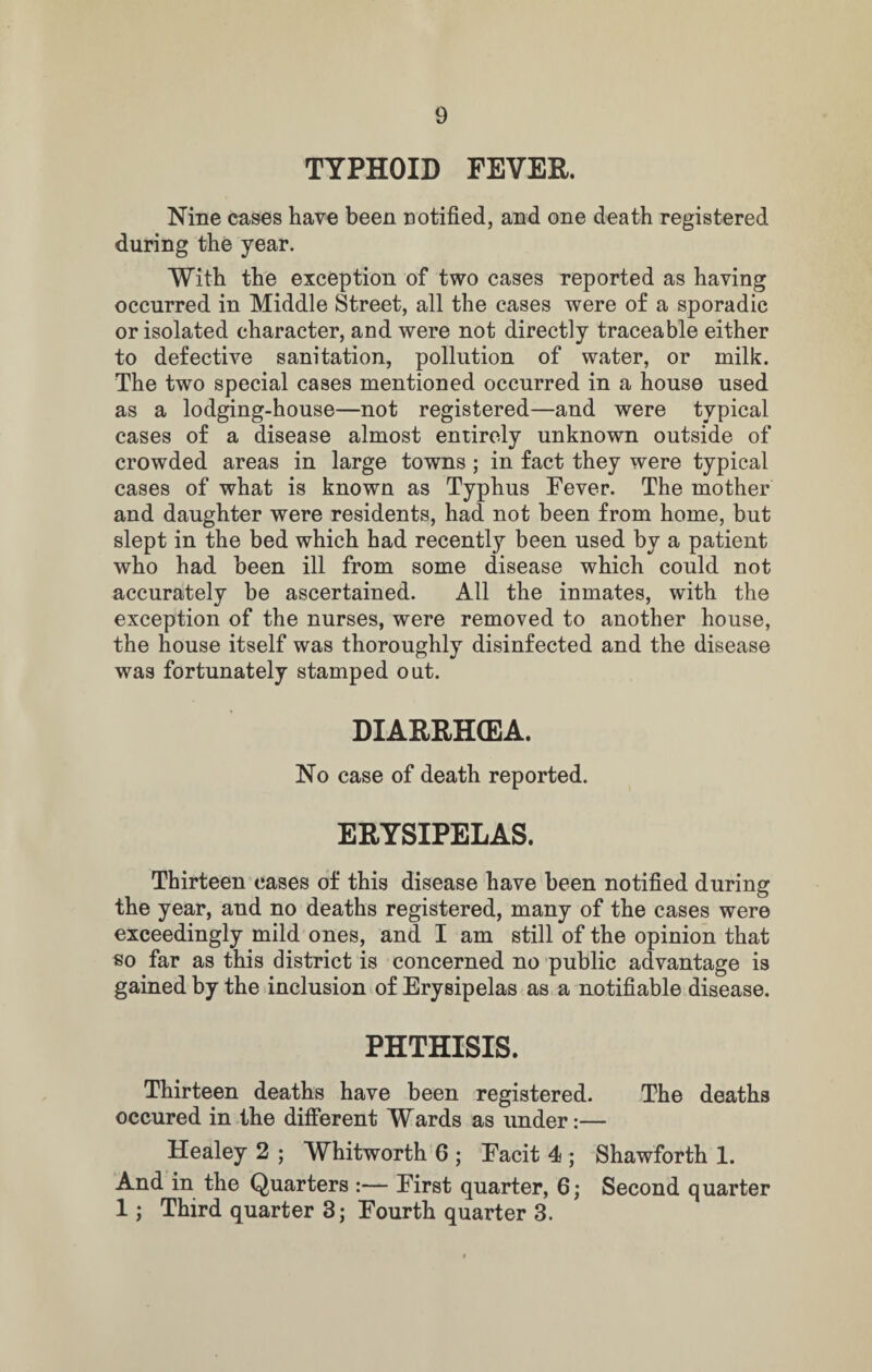 TYPHOID FEVER. Nine cases have been notified, and one death registered during the year. With the exception of two cases reported as having occurred in Middle Street, all the cases were of a sporadic or isolated character, and were not directly traceable either to defective sanitation, pollution of water, or milk. The two special cases mentioned occurred in a house used as a lodging-house—not registered—and were typical cases of a disease almost entirely unknown outside of crowded areas in large towns ; in fact they were typical cases of what is known as Typhus Fever. The mother and daughter were residents, had not been from home, but slept in the bed which had recently been used by a patient who had been ill from some disease which could not accurately be ascertained. All the inmates, with the exception of the nurses, were removed to another house, the house itself was thoroughly disinfected and the disease was fortunately stamped out. DIARRHOEA. No case of death reported. ERYSIPELAS. Thirteen cases of this disease have been notified during the year, and no deaths registered, many of the cases were exceedingly mild ones, and I am still of the opinion that so far as this district is concerned no public advantage is gained by the inclusion of Erysipelas as a notifiable disease. PHTHISIS. Thirteen deaths have been registered. The deaths occured in the different Wards as under:— Healey 2 ; Whitworth 6 ; Facit 4 ; Shawforth 1. And in the Quarters :— First quarter, 6; Second quarter 1; Third quarter 3; Fourth quarter 3.