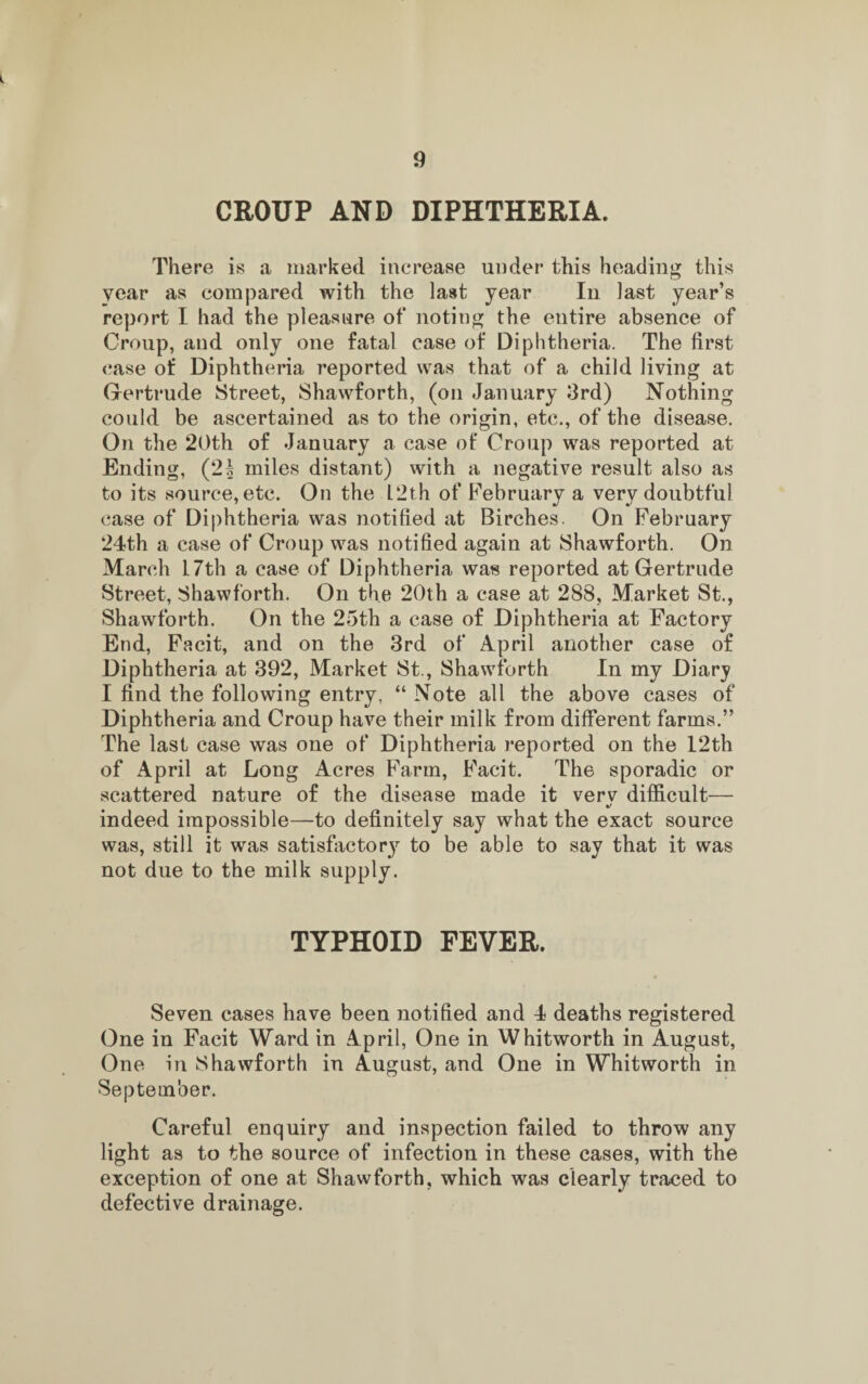 CROUP AND DIPHTHERIA. There is a marked increase under this heading this year as compared with the last year In last year’s report I had the pleasure of noting the entire absence of Croup, and only one fatal case of Diphtheria. The first case of Diphtheria reported was that of a child living at Gertrude Street, Shawforth, (on January 3rd) Nothing could be ascertained as to the origin, etc., of the disease. On the 20th of January a case of Croup was reported at Ending, (25 miles distant) with a negative result also as to its source, etc. On the L21h of February a very doubtful case of Diphtheria was notified at Birches. On February 24th a case of Croup was notified again at Shawforth. On March 17th a case of Diphtheria was reported at Gertrude Street, Shawforth. On the 20th a case at 288, Market St., Shawforth. On the 25th a case of Diphtheria at Factory End, Facit, and on the 3rd of April another case of Diphtheria at 392, Market St., Shawforth In my Diary I find the following entry, “ Note all the above cases of Diphtheria and Croup have their milk from different farms.” The last case was one of Diphtheria reported on the 12th of April at Long Acres Farm, Facit. The sporadic or scattered nature of the disease made it verv difficult— indeed impossible—to definitely say what the exact source was, still it was satisfactor}’- to be able to say that it was not due to the milk supply. TYPHOID FEVER. Seven cases have been notified and 4 deaths registered One in Facit Ward in April, One in Whitworth in August, One in Shawforth in August, and One in Whitworth in September. Careful enquiry and inspection failed to throw any light as to the source of infection in these cases, with the exception of one at Shawforth, which was clearly traced to defective drainage.