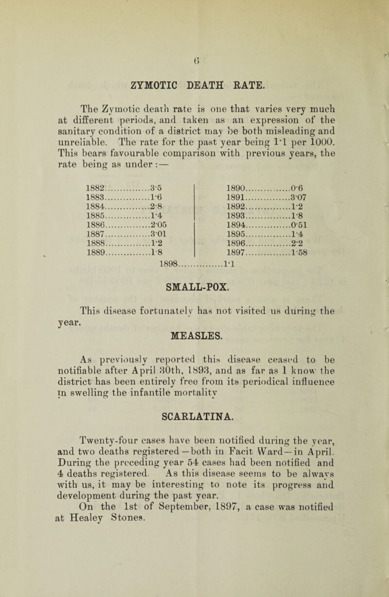 ZYMOTIC DEATH RATE. The Zymotic death rate is one that varies very much at different periods, and taken as an expression of the sanitary condition of a district may be both misleading and unreliable. The rate for the past year being IT per 1000. This bears favourable comparison with previous years, the 3eing as under:— 1882. .35 1890. .0-6 1883. .1-6 1891. .307 1884. .28 1892. .1*2 1885. .1-4 1893. .1-8 1886. .2-05 1894. .051 1887. .301 1895. .1-4 1888. .1-2 1896. .2-2 1889. .1-8 1897. .1-58 1898. .1-1 SMALL-POX. This disease fortunately has not visited us during the year. MEASLES. As previously reported this disease ceased to be notifiable after April 30th, 1893, and as far as 1 know the district has been entirely free from its periodical influence in swelling the infantile mortality SCARLATINA. Twenty-four cases have been notified during the year, and two deaths registered—both in Facit Ward—in April. During the preceding year 54 cases had been notified and 4 deaths registered. As this disease seems to be always with us, it may be interesting to note its progress and development during the past year. On the 1st of September. 1897, a case was notified at Healey Stones.