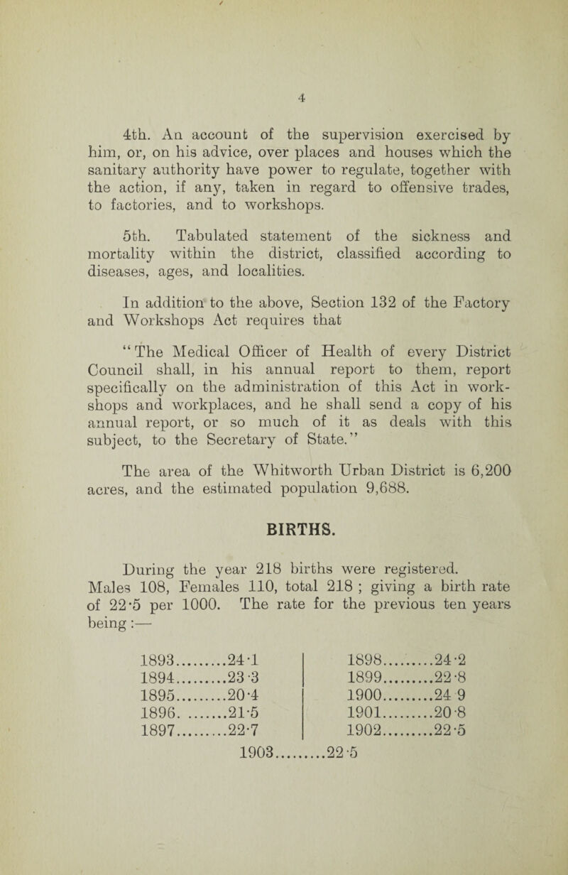 / 4 4th. Aq account of the supervision exercised by him, or, on his advice, over places and houses which the sanitary authority have power to regulate, together with the action, if any, taken in regard to offensive trades, to factories, and to workshops. 5th. Tabulated statement of the sickness and mortality within the district, classified according to diseases, ages, and localities. In addition to the above. Section 132 of the Factory and Workshops Act requires that “ The Medical Officer of Health of every District Council shall, in his annual report to them, report specifically on the administration of this x4.ct in work¬ shops and workplaces, and he shall send a copy of his annual report, or so much of it as deals with this subject, to the Secretary of State.” The area of the Whitworth Urban District is 6,200 acres, and the estimated population 9,688. BIRTHS. During the year 218 births were registered. Males 108, Females 110, total 218 ; giving a birth rate of 22*5 per 1000. The rate for the previous ten years being:— 1893. ....24T 1898.... ....24-2 1894. ....23-3 1899.... .22-8 1895. ....20-4 1900.... ....24 9 1896. ... ....21-5 1901.... ....20-8 1897. ....22-7 1902. ....22-5 1903. ....225