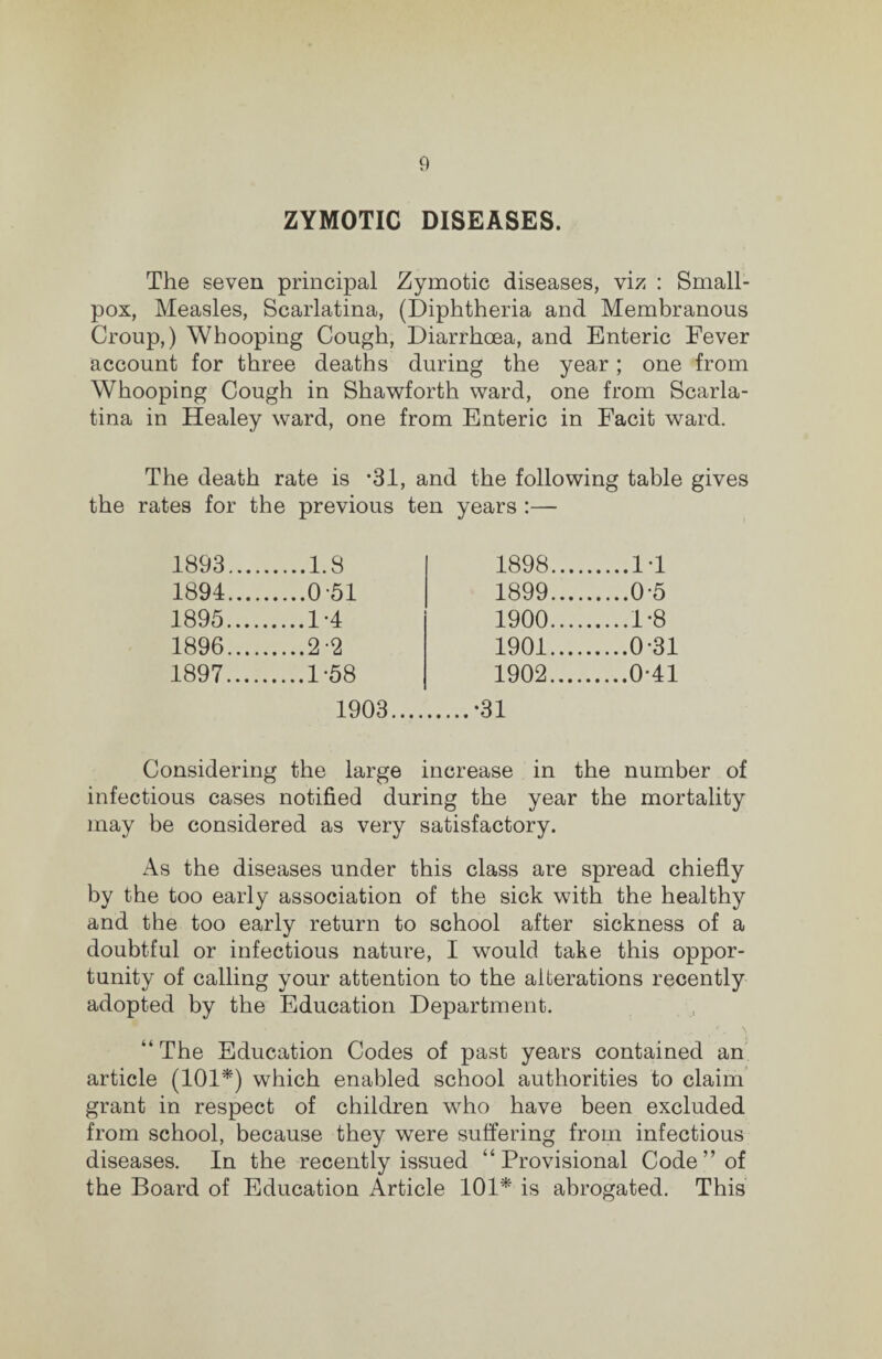 ZYMOTIC DISEASES. The seven principal Zymotic diseases, viz : Small¬ pox, Measles, Scarlatina, (Diphtheria and Membranous Croup,) Whooping Cough, Diarrhoea, and Enteric Fever account for three deaths during the year; one from Whooping Cough in Shawforth ward, one from Scarla¬ tina in Healey ward, one from Enteric in Facit ward. The death rate is ’31, and the following table gives the rates for the previous ten years :— 1893.... .1.8 1898.... .1-1 1894.... .0-51 1899.... .0-5 1895. ....1-4 1900.... ....1-8 1896.... ....2-2 1901. ....0-31 1897. ....1-58 1902. ....0-41 1903.... .-31 Considering the large increase in the number of infectious cases notified during the year the mortality may be considered as very satisfactory. As the diseases under this class are spread chiefly by the too early association of the sick with the healthy and the too early return to school after sickness of a doubtful or infectious nature, I would take this oppor¬ tunity of calling your attention to the alterations recently adopted by the Education Department. “ The Education Codes of past years contained an article (101*) which enabled school authorities to claim grant in respect of children who have been excluded from school, because they were suffering from infectious diseases. In the recently issued “Provisional Code” of the Board of Education Article 101* is abrogated. This