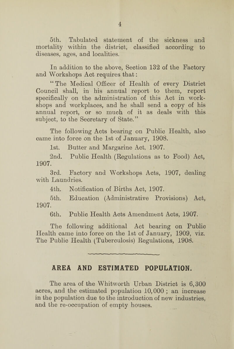 5th. Tabulated statement of the sickness and mortality within the district, classified according to diseases, ages, and localities. In addition to the above, Section 132 of the Factory and Workshops Act requires that: “ The Medical Officer of Health of every District Council shall, in his annual report to them, report specifically on the administration of this Act in work¬ shops and workplaces, and he shall send a copy of his annual report, or so much of it as deals with this subject, to the Secretary of State.” The following Acts bearing on Public Health, also came into force on the 1st of January, 1908. 1st. Butter and Margarine Act. 1907. 2nd. Public Health (Regulations as to Food) Act, 1907. 3rd. Factory and Workshops Acts, 1907, dealing with Laundries. 4th. Notification of Births Act, 1907. 5th. Education (Administrative Provisions) Act, 1907. 6th. Public Health Acts Amendment Acts, 1907. The following additional Act bearing on Public Health came into force on the 1st of January, 1909, viz. The Public Health (Tuberculosis) Regulations, 1908. AREA AND ESTIMATED POPULATION. The area of the Whitworth Urban District is 6,300 acres, and the estimated population 10,000 ; an increase in the population due to the introduction of newr industries, and the re-occupation of empty houses.