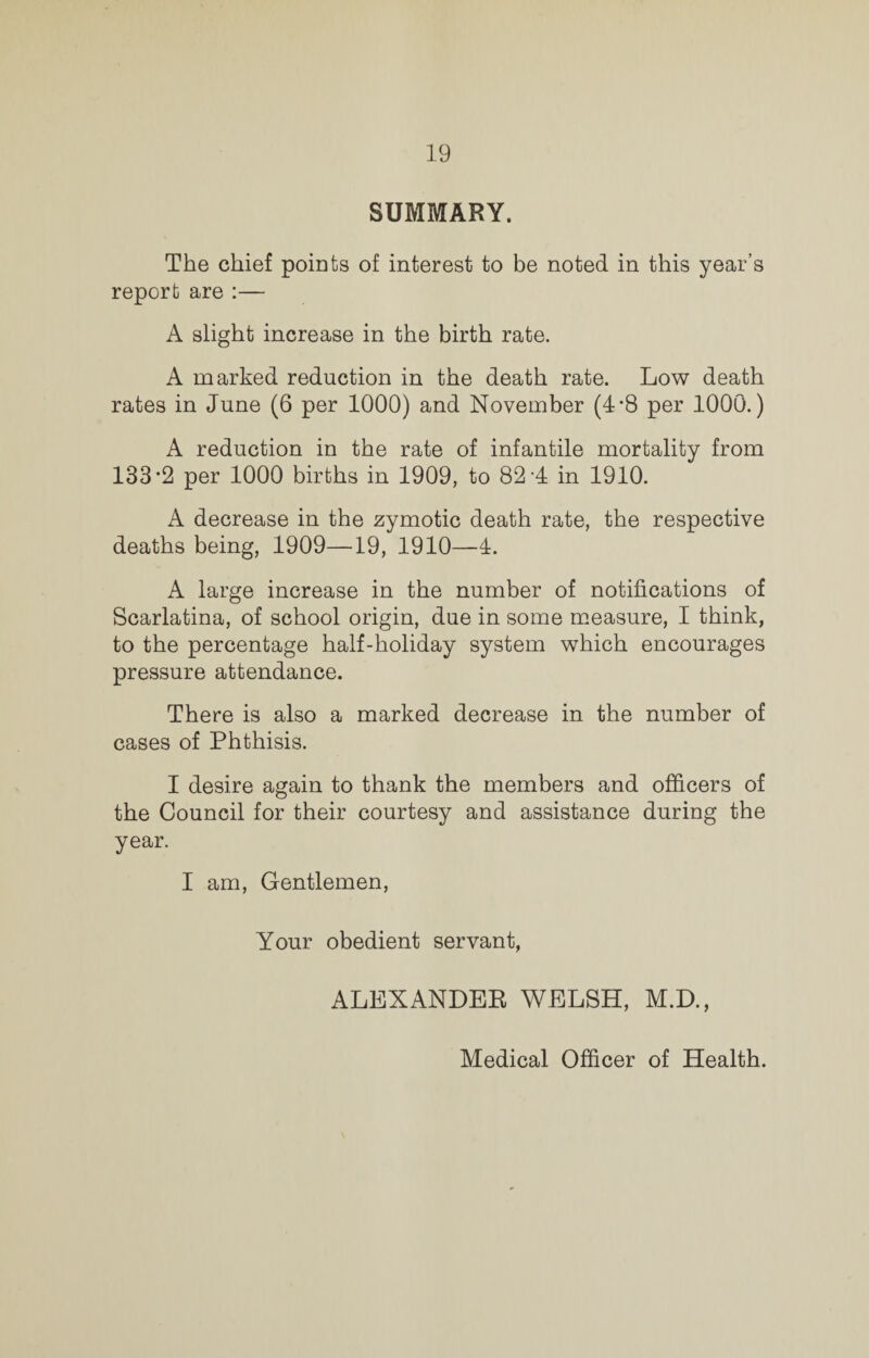 SUMMARY. The chief points of interest to be noted in this year’s report are :— A slight increase in the birth rate. A marked reduction in the death rate. Low death rates in June (6 per 1000) and November (4*8 per 1000.) A reduction in the rate of infantile mortality from 133*2 per 1000 births in 1909, to 82*4 in 1910. A decrease in the zymotic death rate, the respective deaths being, 1909—19, 1910—4. A large increase in the number of notifications of Scarlatina, of school origin, due in some measure, I think, to the percentage half-holiday system which encourages pressure attendance. There is also a marked decrease in the number of cases of Phthisis. I desire again to thank the members and officers of the Council for their courtesy and assistance during the year. I am, Gentlemen, Your obedient servant, ALEXANDER WELSH, M.D., Medical Officer of Health.