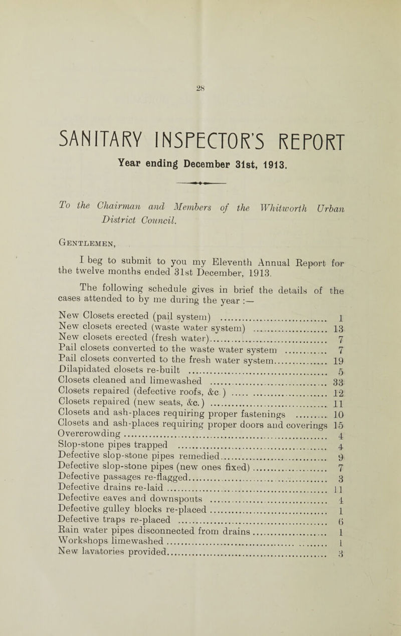 SANITARY INSPECTOR'S REPORT Year ending December 31st, 1913. To the Chairman and 'Member8 of the Whitworth Urban District Council. Gentlemen, I beg to submit to you my Eleventh Annual Report for the twelve months ended 31st December, 1913. The following schedule gives in brief the details of the cases attended to by me during the year :— New Closets erected (pail system) . 1 New closets erected (waste water system) . 13 New closets erected (fresh water). 7 Pail closets converted to the waste water system . 7 Pail closets converted to the fresh water system. 19 Dilapidated closets re-built . 5 Closets cleaned and limewashed .. 33 Closets repaired (defective roofs, &c ) . 12 Closets repaired (new seats, &c.) . 11 Closets and ash-places requiring proper fastenings . 10 Closets and ash-places requiring proper doors and coverings 15 Overcrowding... _ 4 Slop-stone pipes trapped . 4 Defective slop-stone pipes remedied. 9 Defective slop-stone pipes (new ones fixed). 7 Defective passages re-flagged.. 3 Defective drains re-laid. ] 1 Defective eaves and downspouts . 4 Defective gulley blocks re-placed. 1 Defective traps re-placed . 5 Rain water pipes disconnected from drains. 1 Workshops limewashed. I New lavatories provided. 3