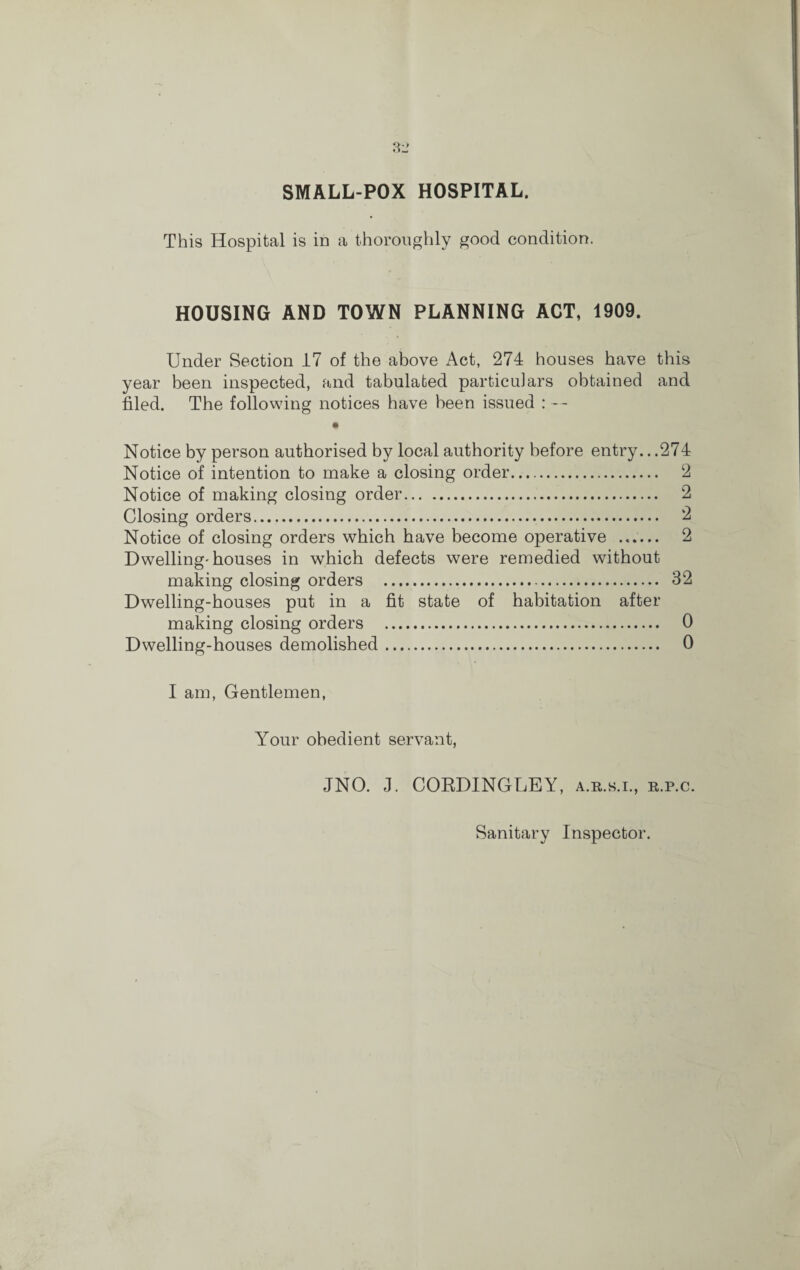 This Hospital is in a thoroughly good condition. HOUSING AND TOWN PLANNING ACT, 1909. Under Section 17 of the above Act, 274 houses have this year been inspected, and tabulated particulars obtained and filed. The following notices have been issued : — Notice by person authorised by local authority before entry.. .274 Notice of intention to make a closing order. 2 Notice of making closing order. 2 Closing orders. 2 Notice of closing orders which have become operative ...... 2 Dwelling-houses in which defects were remedied without making closing orders . 32 Dwelling-houses put in a fit state of habitation after making closing orders . 0 Dwelling-houses demolished. 0 I am, Gentlemen, Your obedient servant, JNO. J. COKDINGLEY, a.r.s.i., r.p.c. Sanitary Inspector.