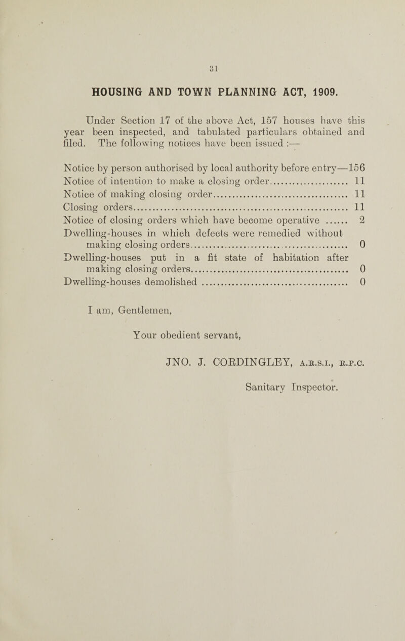 HOUSING AND TOWN PLANNING ACT, 1909. Under Section 17 of the above Act, 157 houses have this year been inspected, and tabulated particulars obtained and filed. The following notices have been issued :— Notice by person authorised by local authority before entry—156 Notice of intention to make a closing order. 11 Notice of making closing order. 11 Closing orders. 11 Notice of closing orders which have become operative . 2 Dwelling-houses in which defects were remedied without making closing orders. 0 Dwelling-houses put in a fit state of habitation after making closing orders. 0 Dwelling-houses demolished . 0 I am, Gentlemen, Your obedient servant, JNO. J. CORDINGLEY, a.r.s.i., r.p.c. Sanitary Inspector.